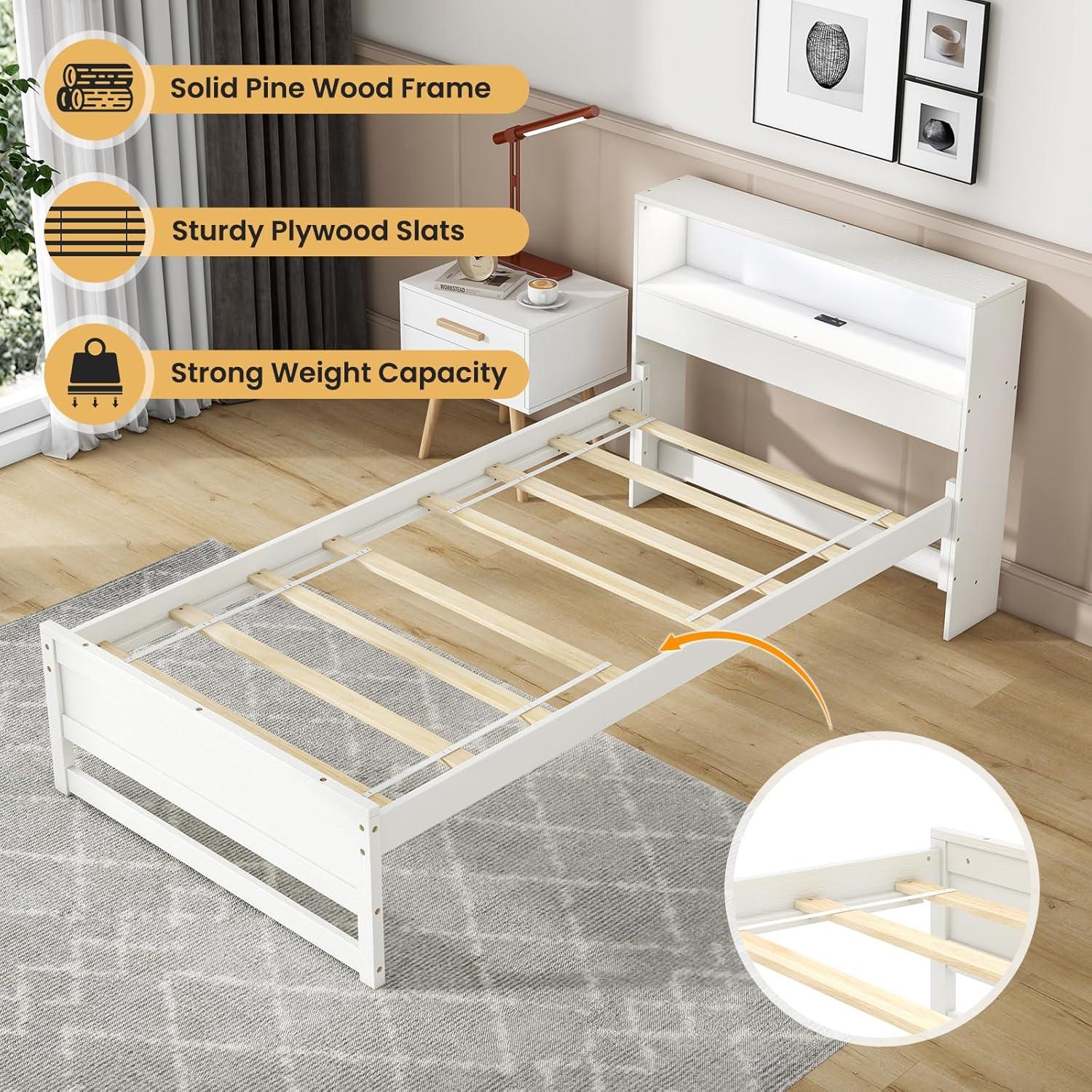 image:imageGiantex Twin Bed Frames with Storage Headboard Wood Platform Bed with Charging Station amp LED Light Single Bed with Slats Support UnderBed Space Twin Bed Frames for Kids Girls Boys WhiteWhite