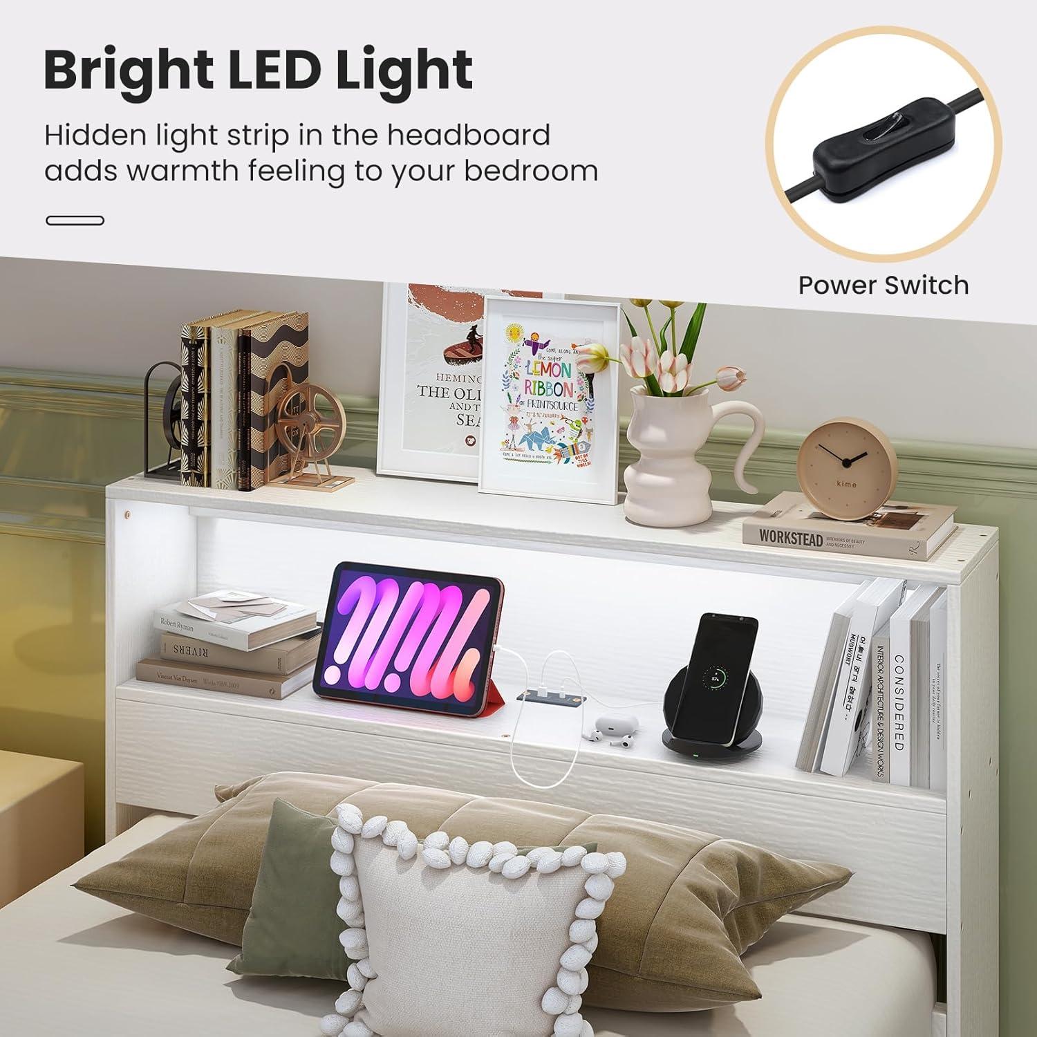image:imageGiantex Twin Bed Frames with Storage Headboard Wood Platform Bed with Charging Station amp LED Light Single Bed with Slats Support UnderBed Space Twin Bed Frames for Kids Girls Boys WhiteWhite