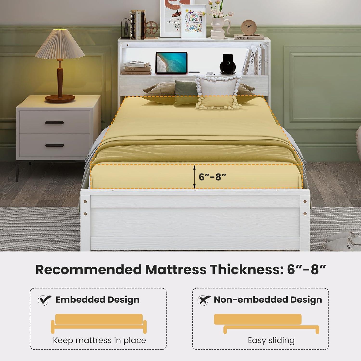 image:imageGiantex Twin Bed Frames with Storage Headboard Wood Platform Bed with Charging Station amp LED Light Single Bed with Slats Support UnderBed Space Twin Bed Frames for Kids Girls Boys WhiteWhite