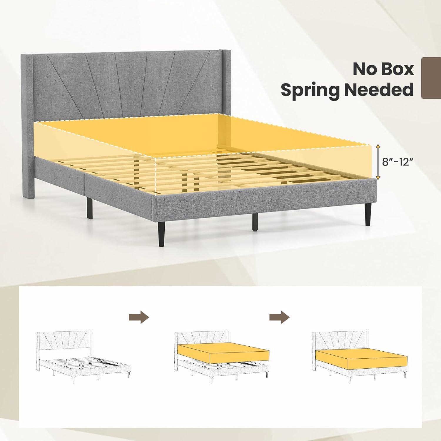 image:imageGiantex Twin Bed Frames with Wingback Headboard Modern Linen Upholstered Platform Bed with Wooden Slats Support No Box Spring Needed Twin Bed Frames for Kids GreyDiagonal Channel Tufting