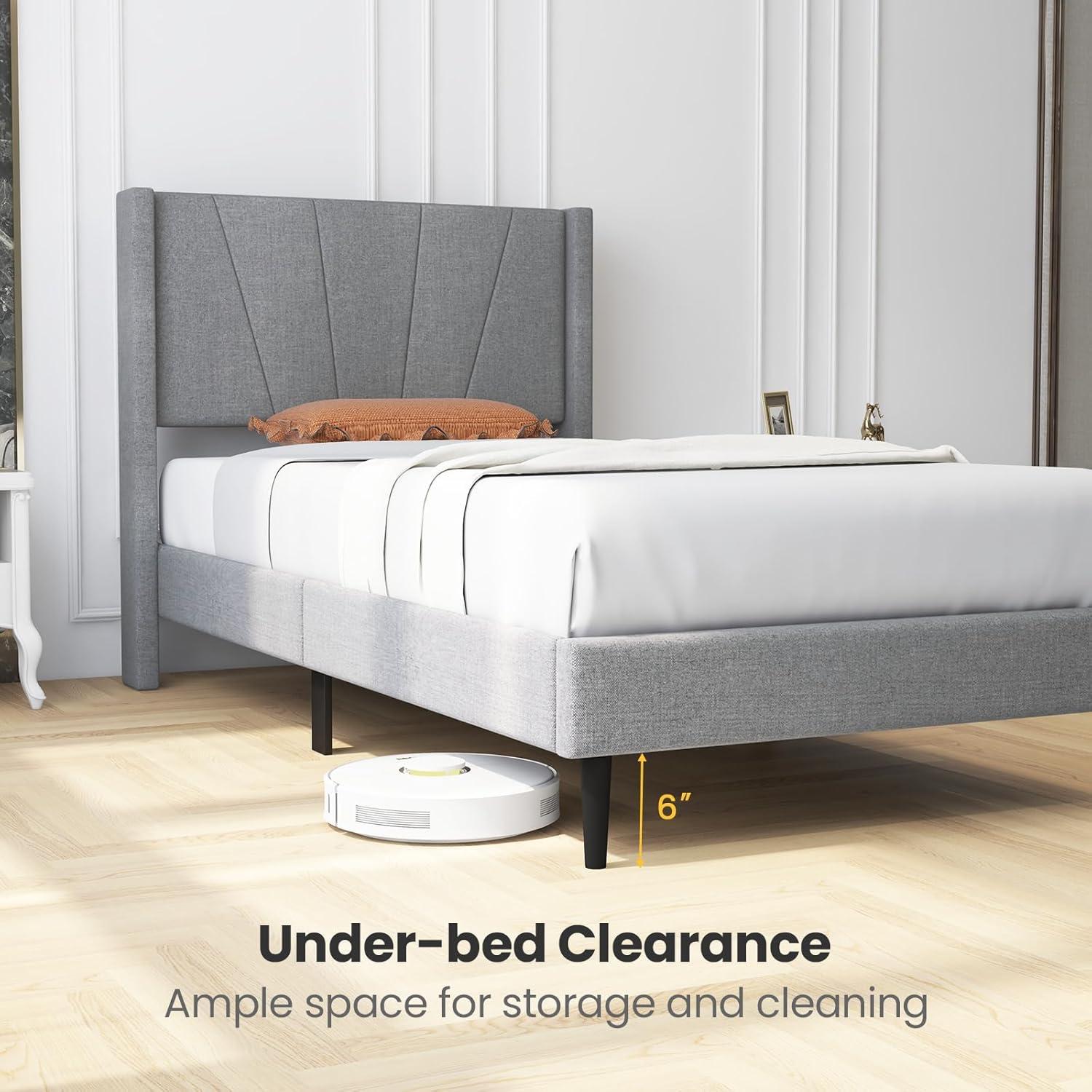 image:imageGiantex Twin Bed Frames with Wingback Headboard Modern Linen Upholstered Platform Bed with Wooden Slats Support No Box Spring Needed Twin Bed Frames for Kids GreyDiagonal Channel Tufting