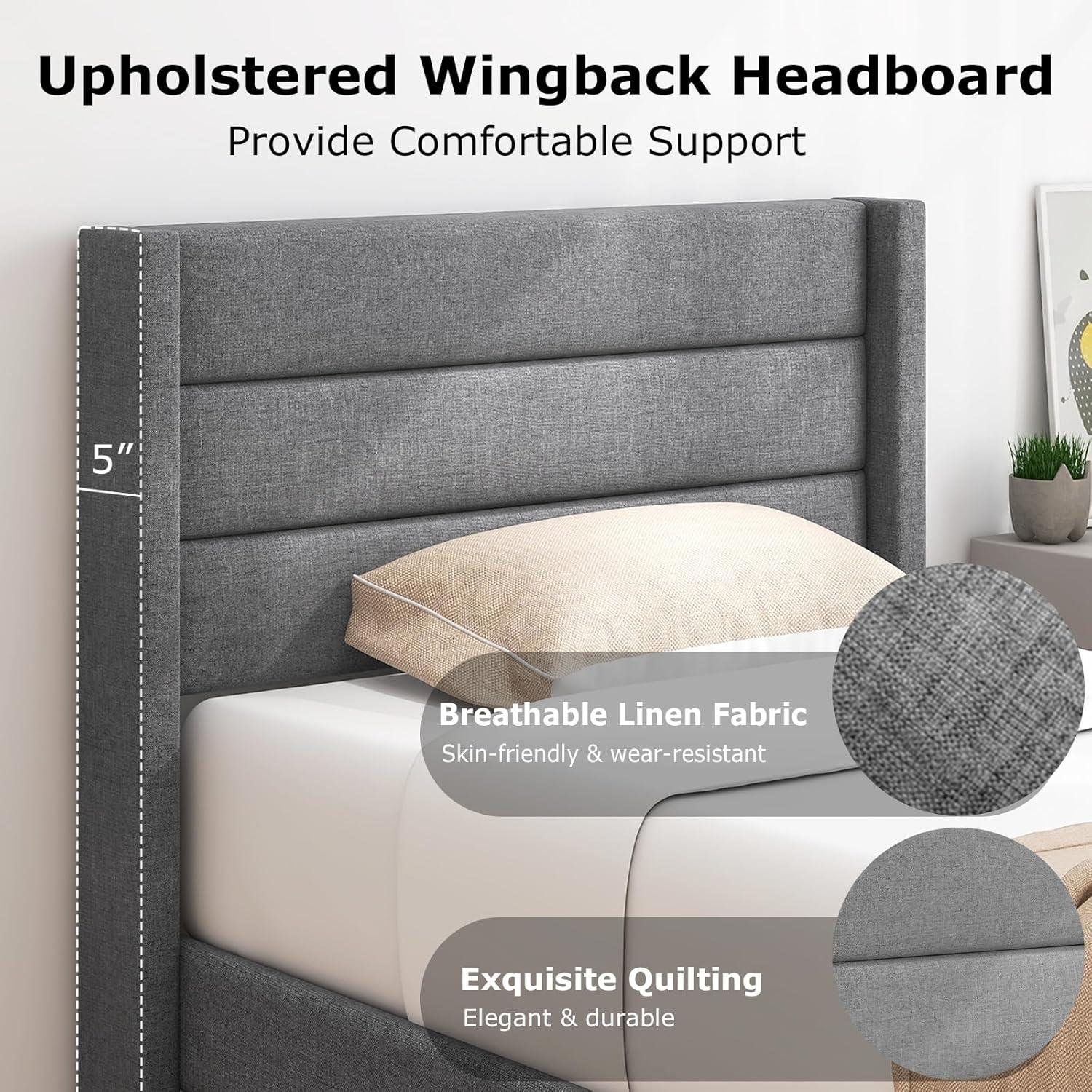 image:imageGiantex Twin Bed Frames with Wingback Headboard Modern Linen Upholstered Platform Bed with Wooden Slats Support No Box Spring Needed Twin Bed Frames for Kids GreyHorizontal Channel Tufting