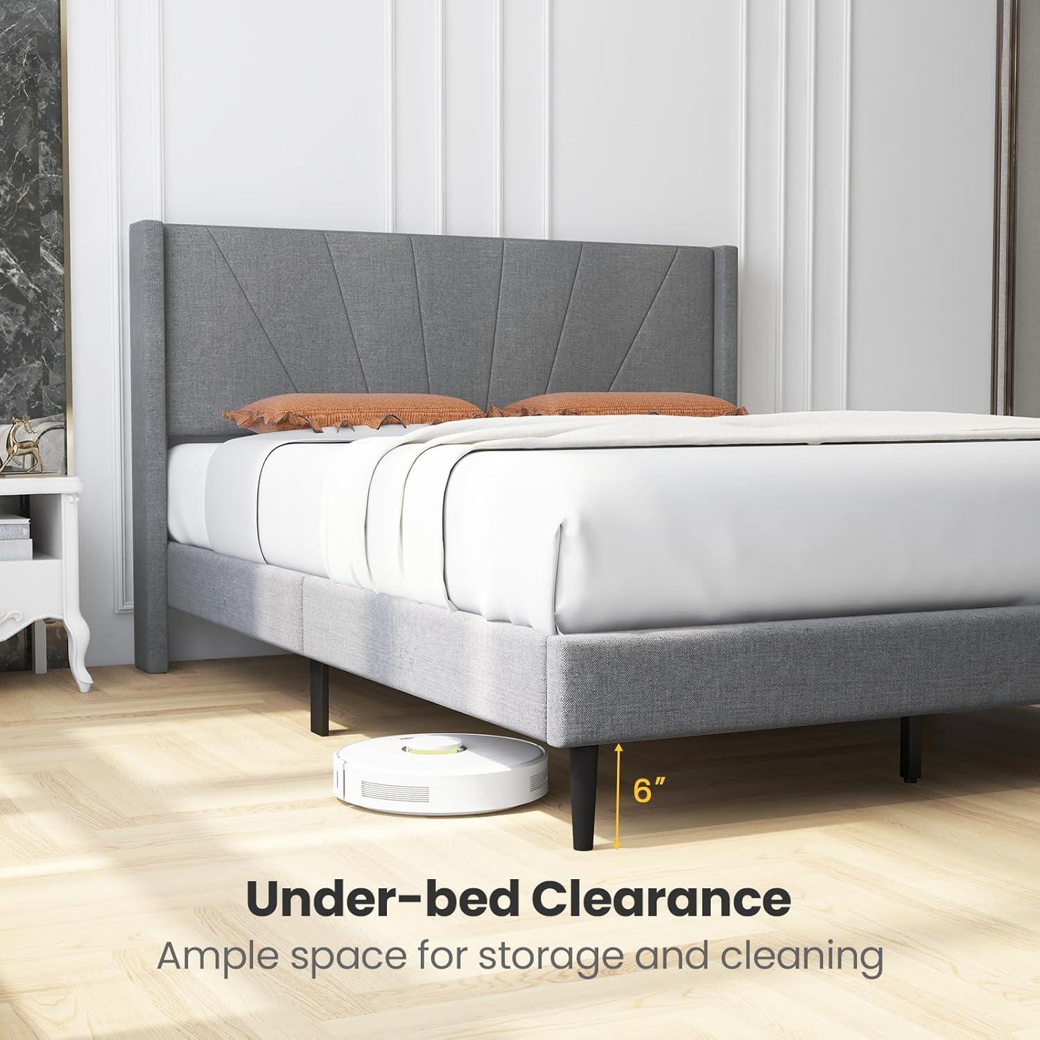 image:imageGiantex Twin Bed Frames with Wingback Headboard Modern Linen Upholstered Platform Bed with Wooden Slats Support No Box Spring Needed Twin Bed Frames for Kids GreyDiagonal Channel Tufting