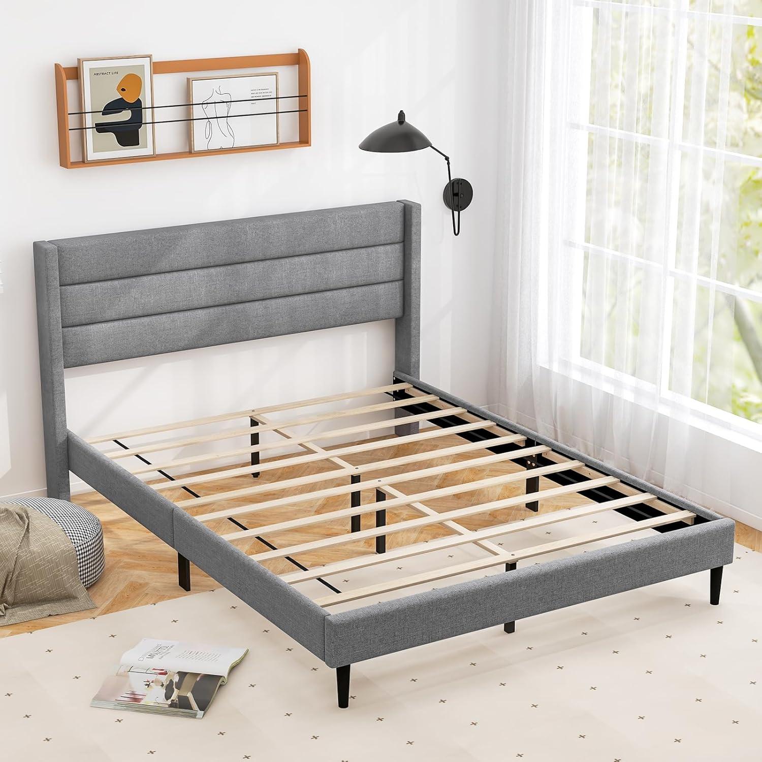 image:imageGiantex Twin Bed Frames with Wingback Headboard Modern Linen Upholstered Platform Bed with Wooden Slats Support No Box Spring Needed Twin Bed Frames for Kids GreyHorizontal Channel Tufting