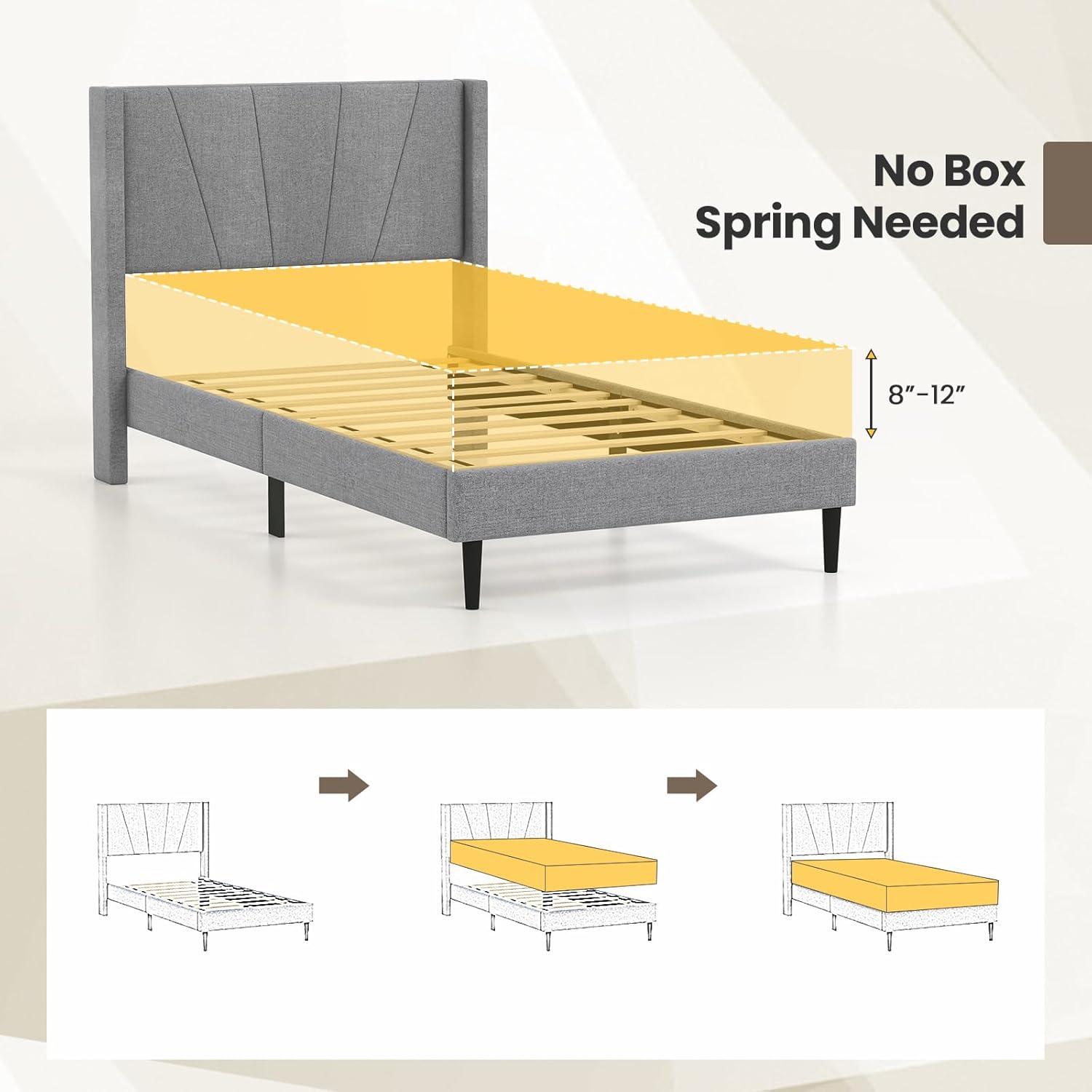 image:imageGiantex Twin Bed Frames with Wingback Headboard Modern Linen Upholstered Platform Bed with Wooden Slats Support No Box Spring Needed Twin Bed Frames for Kids GreyDiagonal Channel Tufting