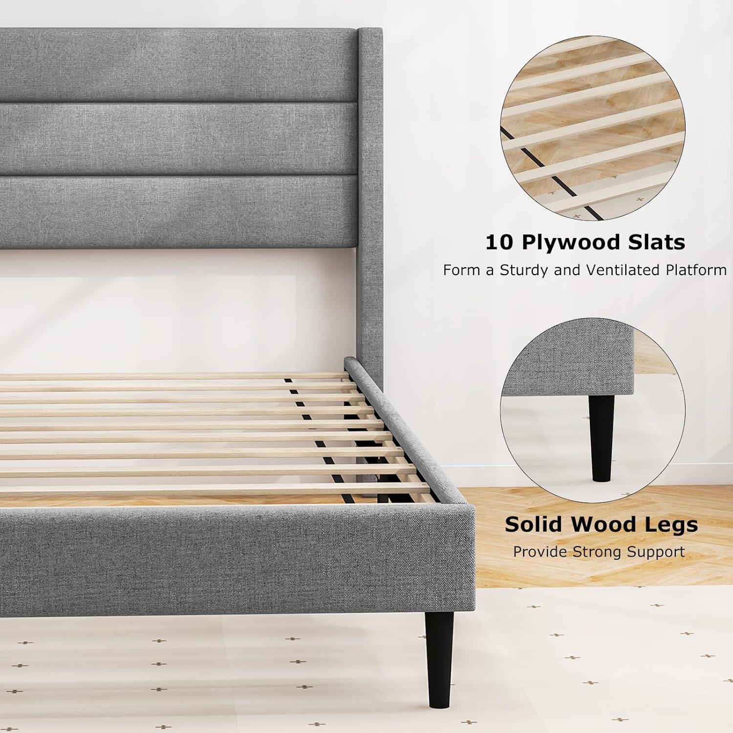image:imageGiantex Twin Bed Frames with Wingback Headboard Modern Linen Upholstered Platform Bed with Wooden Slats Support No Box Spring Needed Twin Bed Frames for Kids GreyHorizontal Channel Tufting