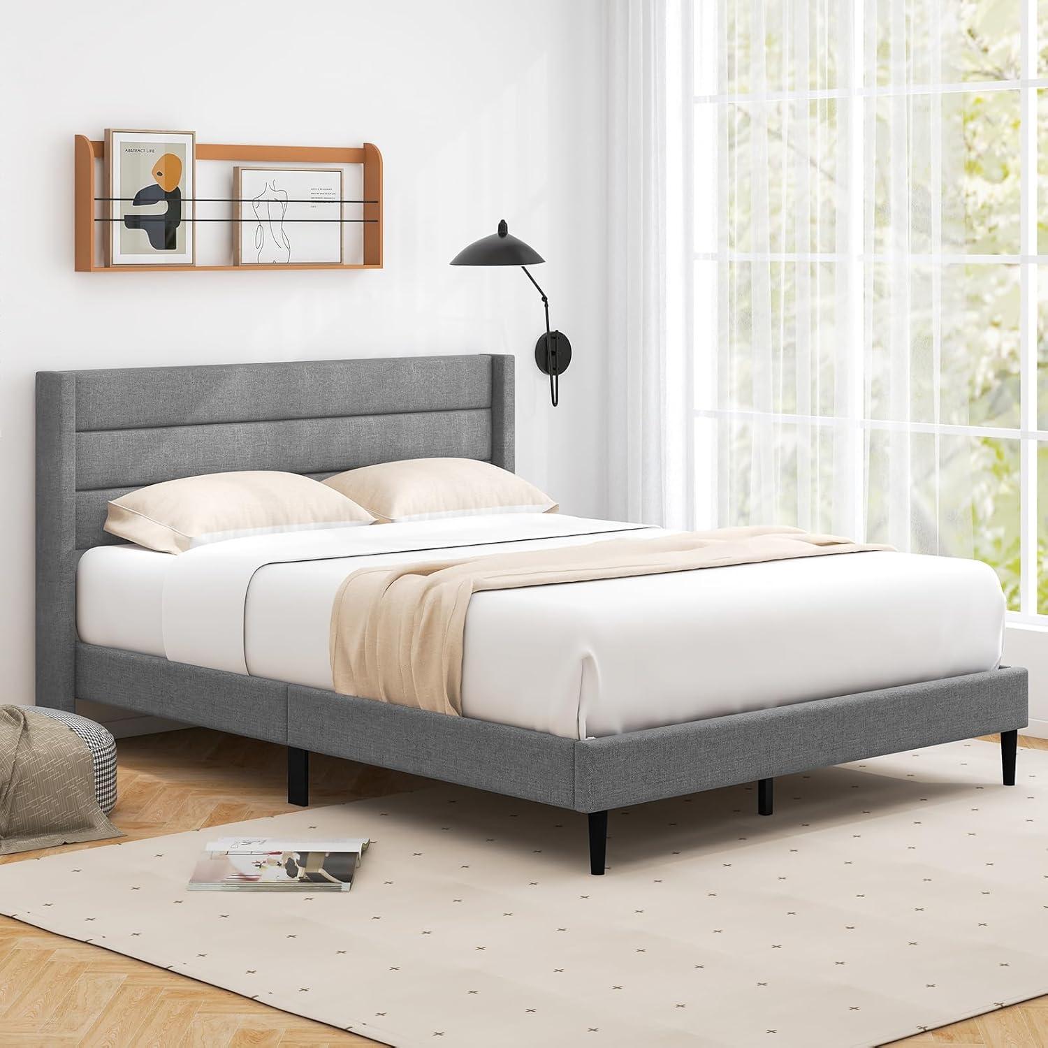 image:imageGiantex Twin Bed Frames with Wingback Headboard Modern Linen Upholstered Platform Bed with Wooden Slats Support No Box Spring Needed Twin Bed Frames for Kids GreyHorizontal Channel Tufting