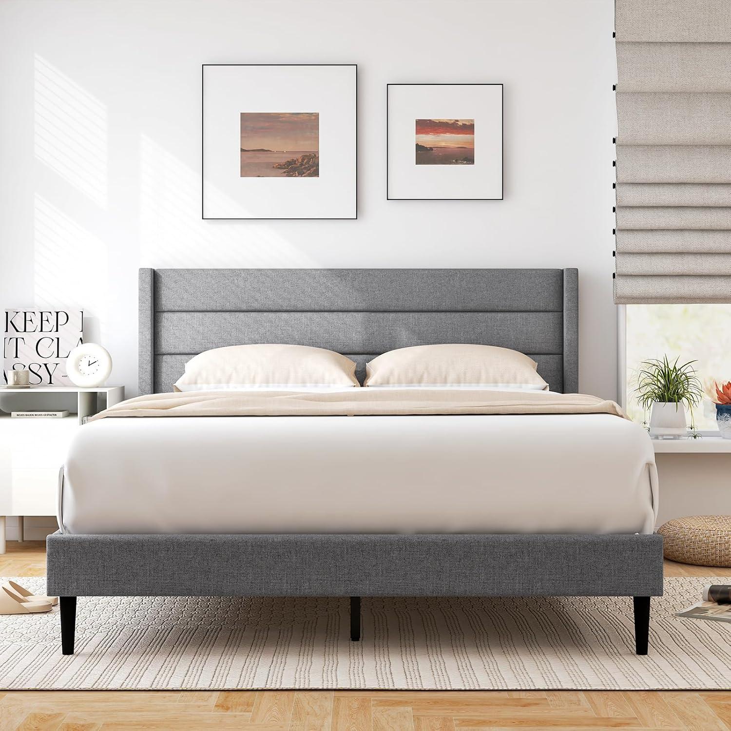 image:imageGiantex Twin Bed Frames with Wingback Headboard Modern Linen Upholstered Platform Bed with Wooden Slats Support No Box Spring Needed Twin Bed Frames for Kids GreyHorizontal Channel Tufting