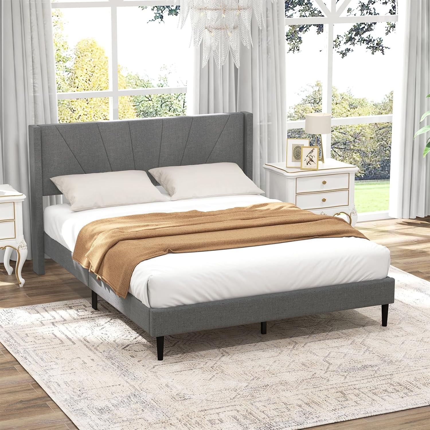 image:imageGiantex Twin Bed Frames with Wingback Headboard Modern Linen Upholstered Platform Bed with Wooden Slats Support No Box Spring Needed Twin Bed Frames for Kids GreyDiagonal Channel Tufting