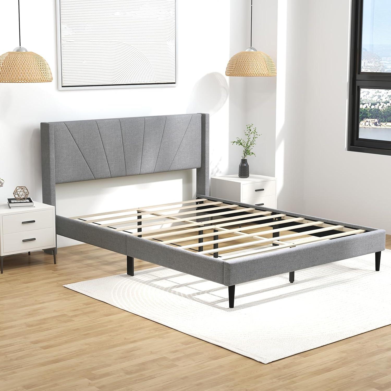 image:imageGiantex Twin Bed Frames with Wingback Headboard Modern Linen Upholstered Platform Bed with Wooden Slats Support No Box Spring Needed Twin Bed Frames for Kids GreyDiagonal Channel Tufting
