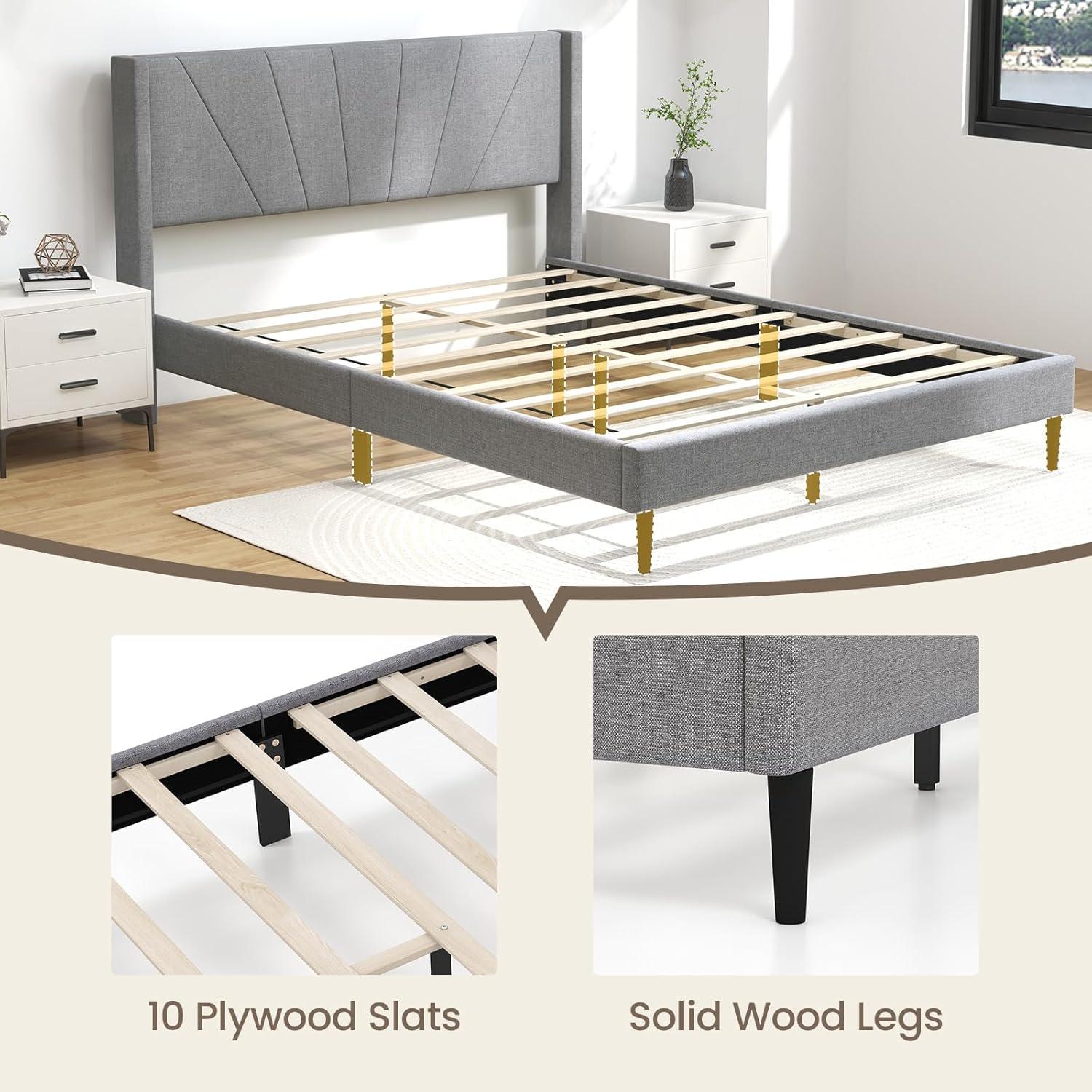 image:imageGiantex Twin Bed Frames with Wingback Headboard Modern Linen Upholstered Platform Bed with Wooden Slats Support No Box Spring Needed Twin Bed Frames for Kids GreyDiagonal Channel Tufting