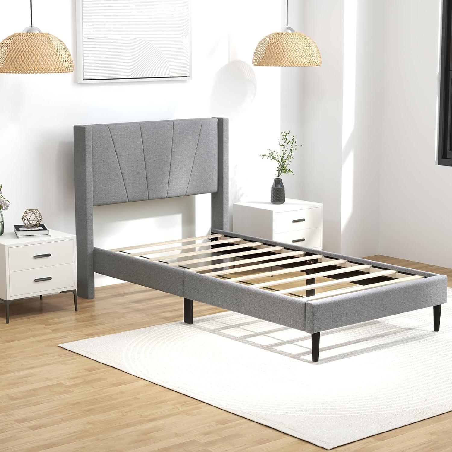image:imageGiantex Twin Bed Frames with Wingback Headboard Modern Linen Upholstered Platform Bed with Wooden Slats Support No Box Spring Needed Twin Bed Frames for Kids GreyDiagonal Channel Tufting
