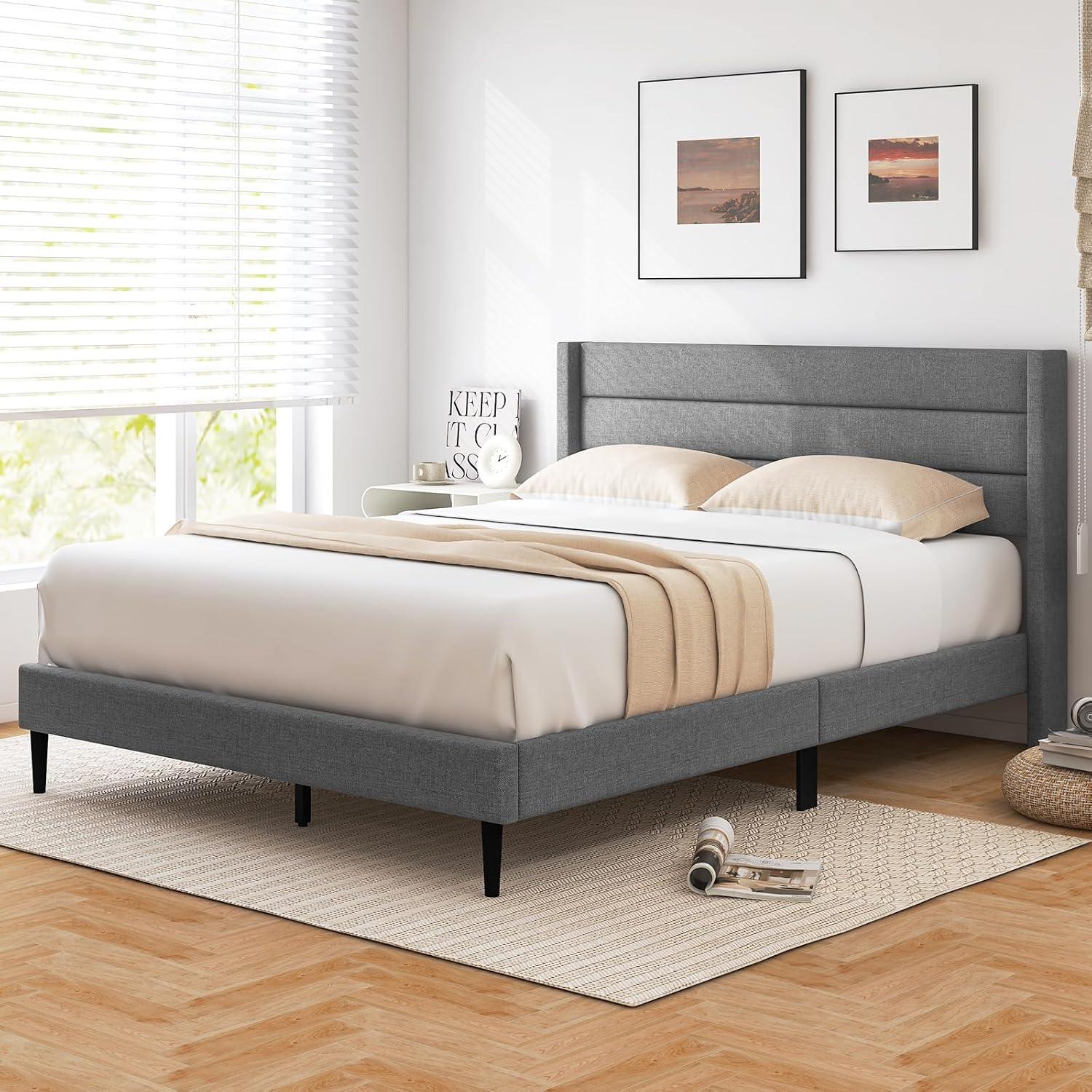 image:imageGiantex Twin Bed Frames with Wingback Headboard Modern Linen Upholstered Platform Bed with Wooden Slats Support No Box Spring Needed Twin Bed Frames for Kids GreyHorizontal Channel Tufting