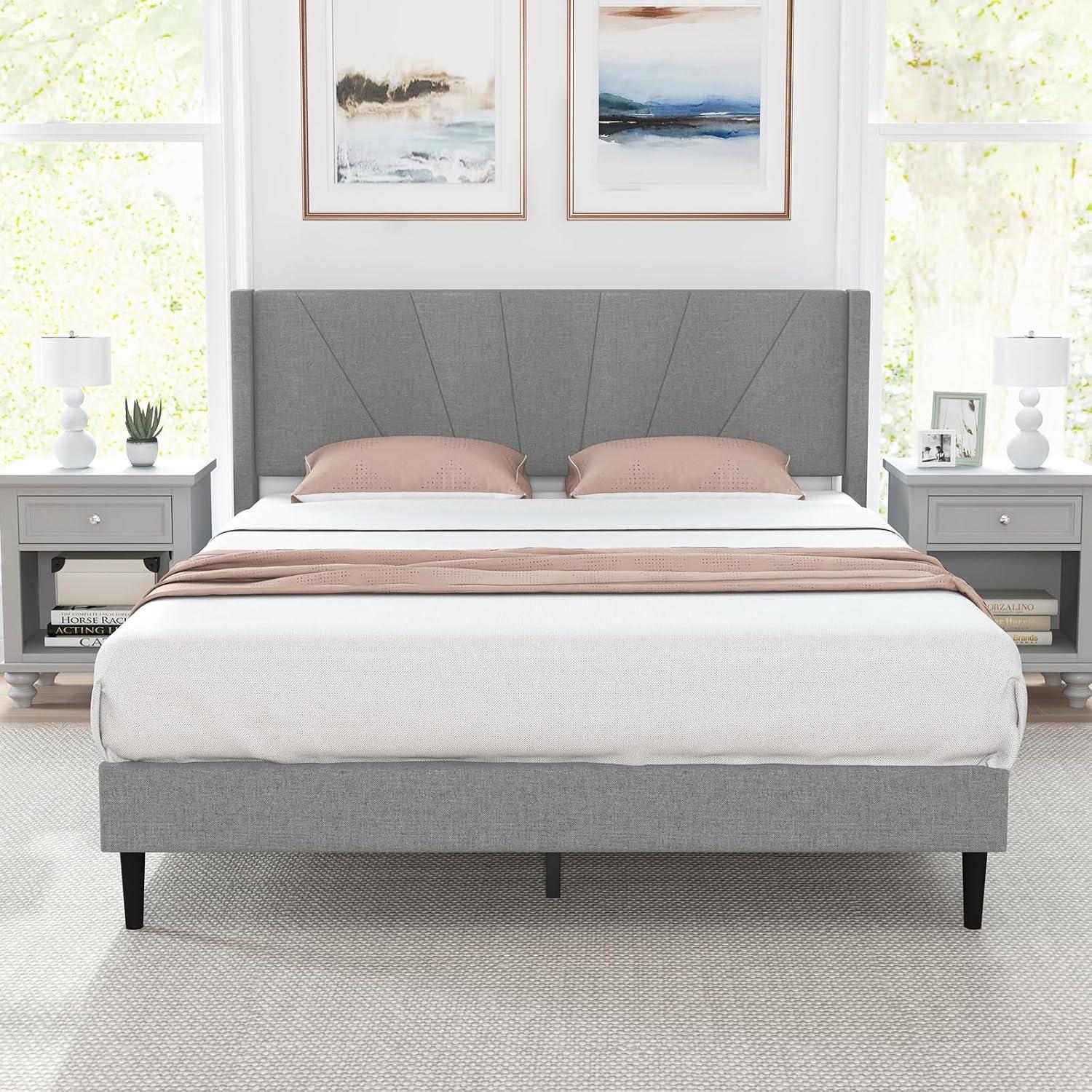 image:imageGiantex Twin Bed Frames with Wingback Headboard Modern Linen Upholstered Platform Bed with Wooden Slats Support No Box Spring Needed Twin Bed Frames for Kids GreyDiagonal Channel Tufting