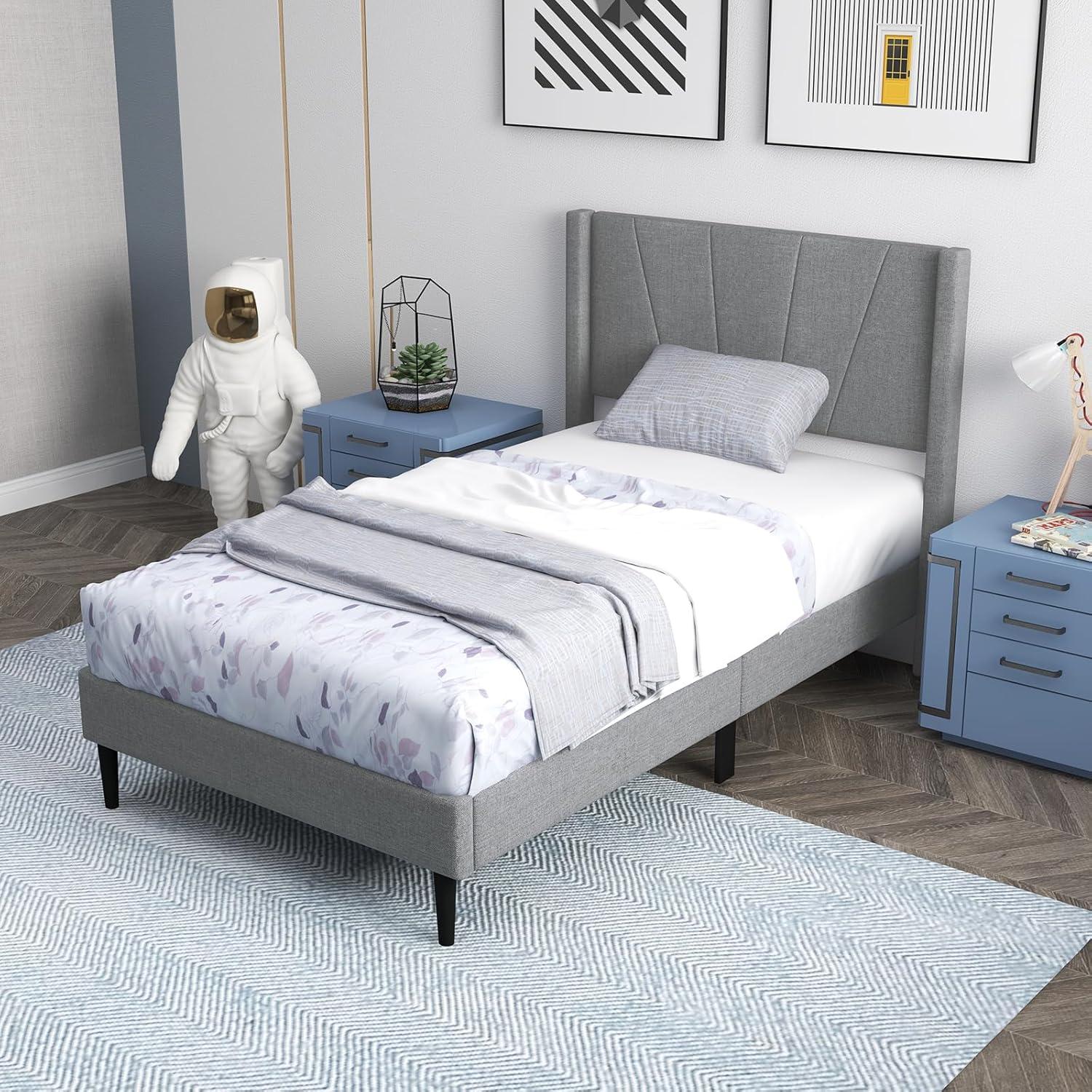image:imageGiantex Twin Bed Frames with Wingback Headboard Modern Linen Upholstered Platform Bed with Wooden Slats Support No Box Spring Needed Twin Bed Frames for Kids GreyDiagonal Channel Tufting