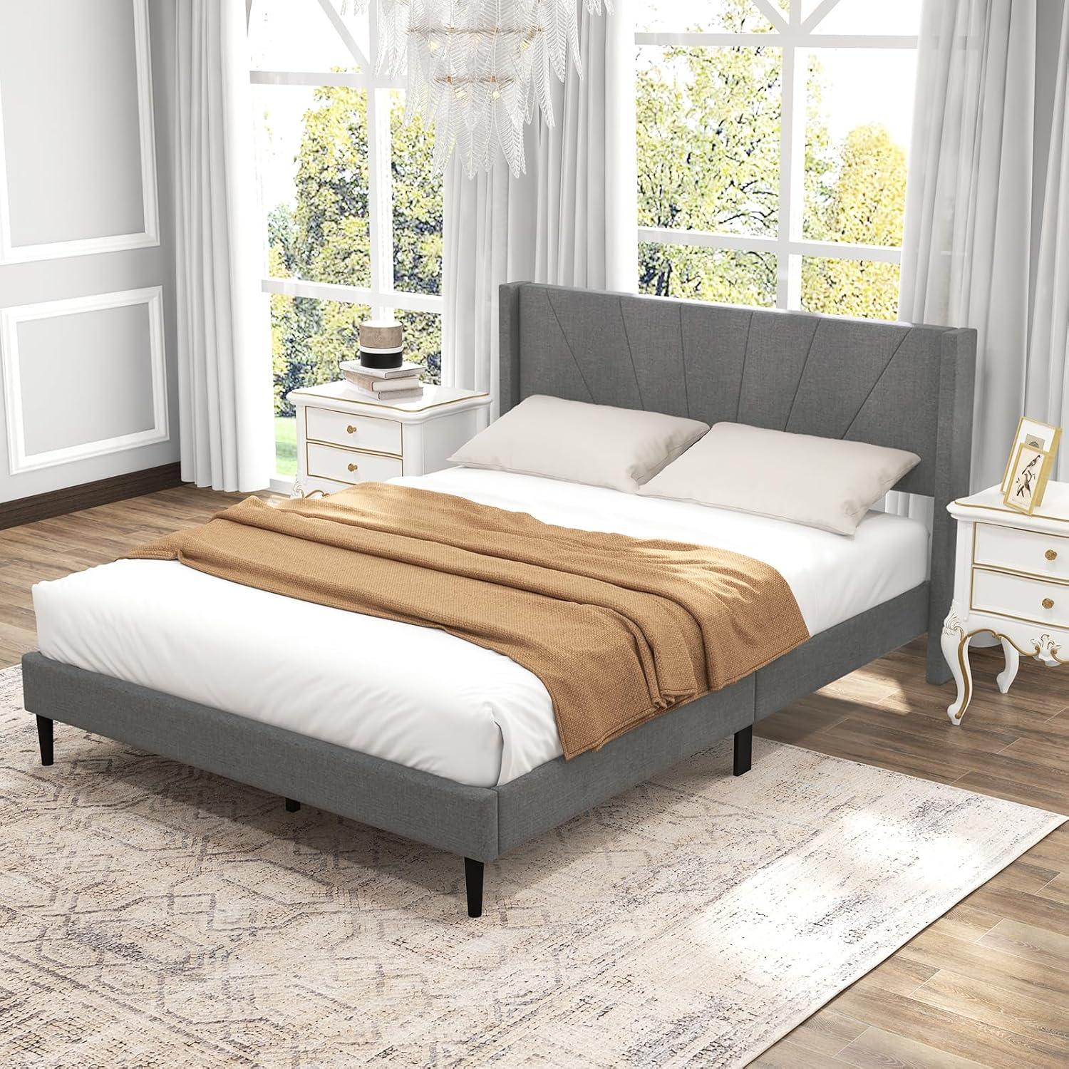 image:imageGiantex Twin Bed Frames with Wingback Headboard Modern Linen Upholstered Platform Bed with Wooden Slats Support No Box Spring Needed Twin Bed Frames for Kids GreyDiagonal Channel Tufting