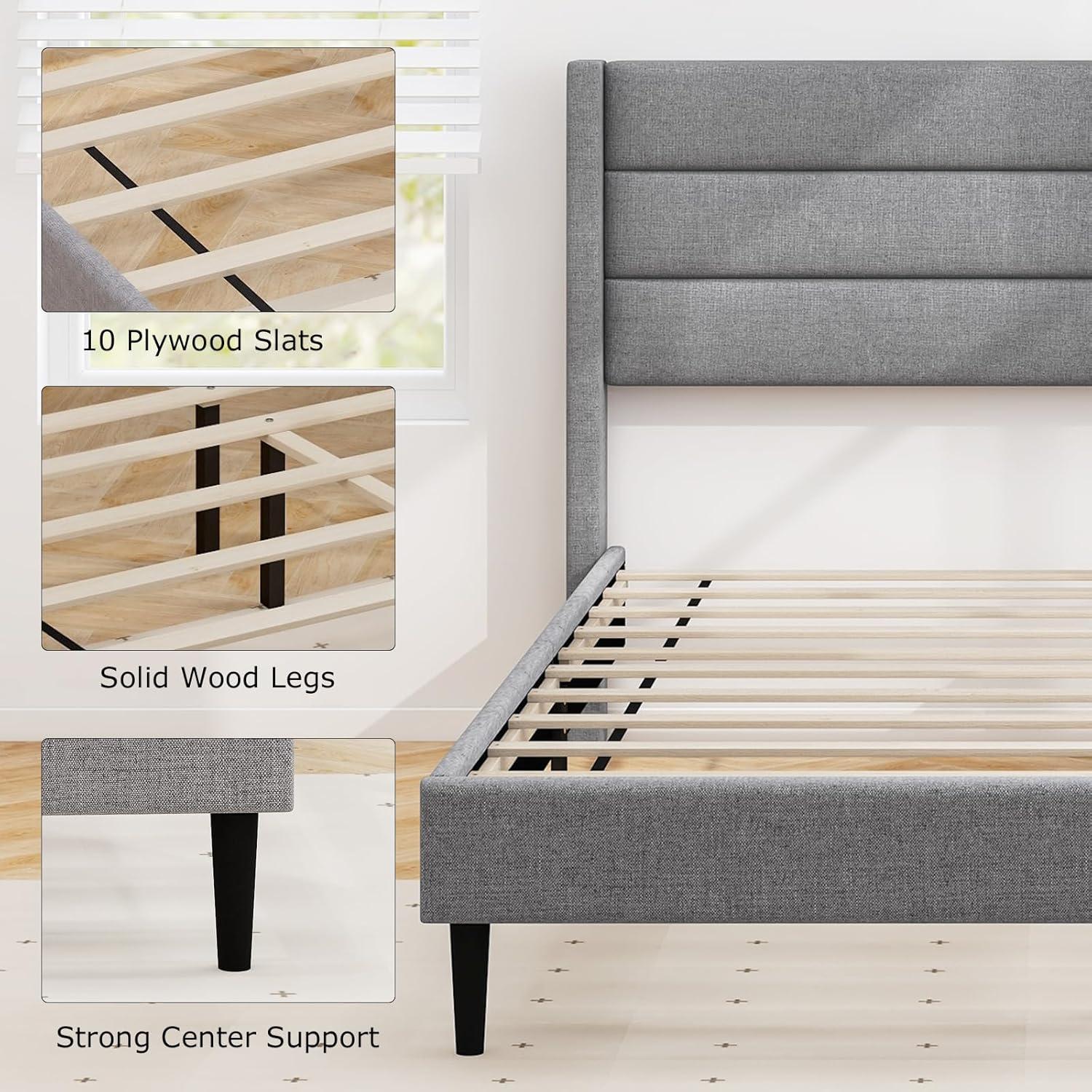 image:imageGiantex Twin Bed Frames with Wingback Headboard Modern Linen Upholstered Platform Bed with Wooden Slats Support No Box Spring Needed Twin Bed Frames for Kids GreyHorizontal Channel Tufting