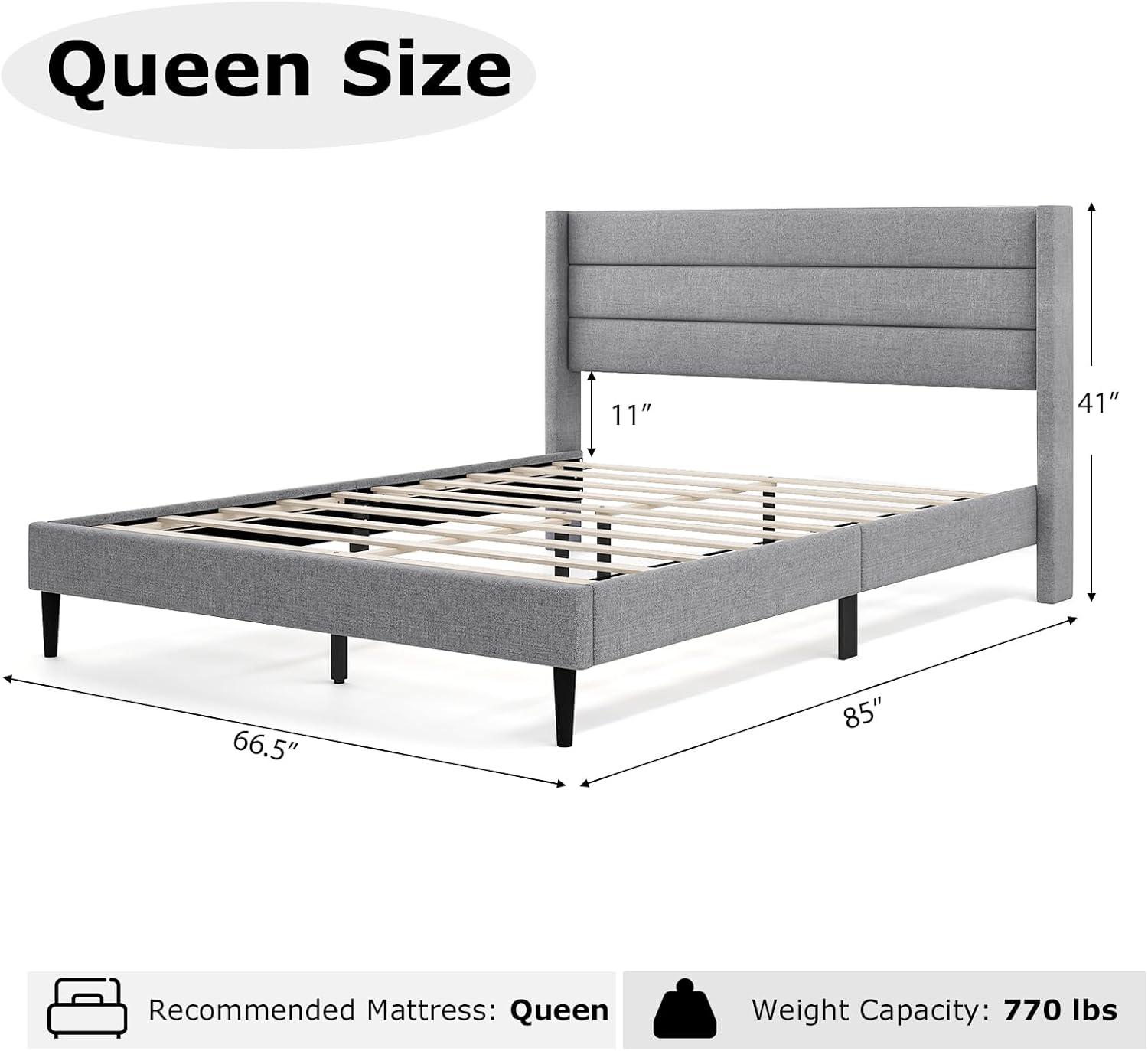 image:imageGiantex Twin Bed Frames with Wingback Headboard Modern Linen Upholstered Platform Bed with Wooden Slats Support No Box Spring Needed Twin Bed Frames for Kids GreyHorizontal Channel Tufting