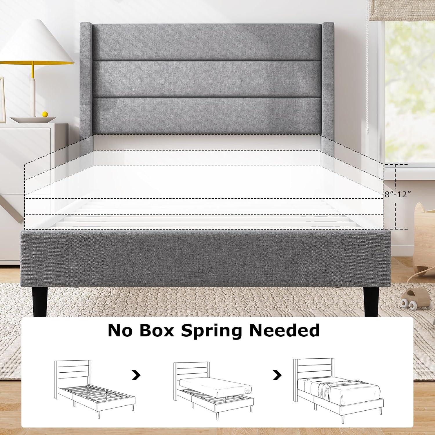 image:imageGiantex Twin Bed Frames with Wingback Headboard Modern Linen Upholstered Platform Bed with Wooden Slats Support No Box Spring Needed Twin Bed Frames for Kids GreyHorizontal Channel Tufting