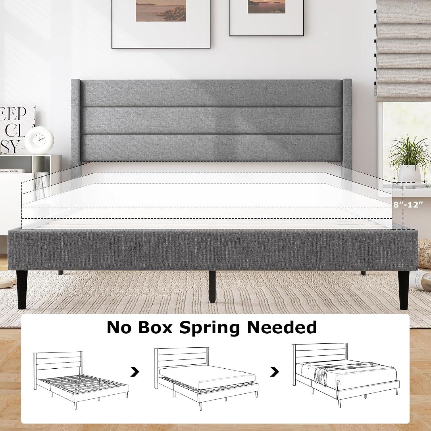 image:imageGiantex Twin Bed Frames with Wingback Headboard Modern Linen Upholstered Platform Bed with Wooden Slats Support No Box Spring Needed Twin Bed Frames for Kids GreyHorizontal Channel Tufting