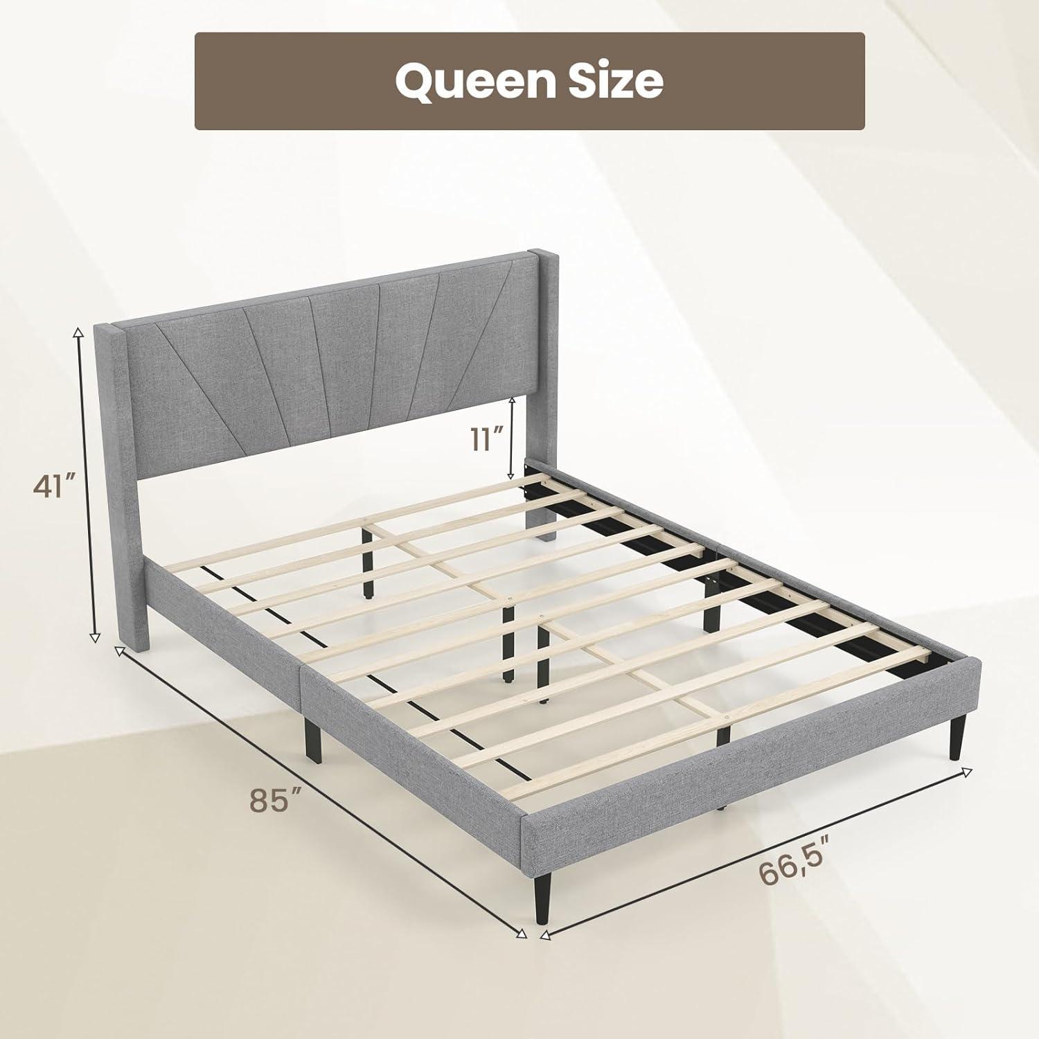 image:imageGiantex Twin Bed Frames with Wingback Headboard Modern Linen Upholstered Platform Bed with Wooden Slats Support No Box Spring Needed Twin Bed Frames for Kids GreyDiagonal Channel Tufting