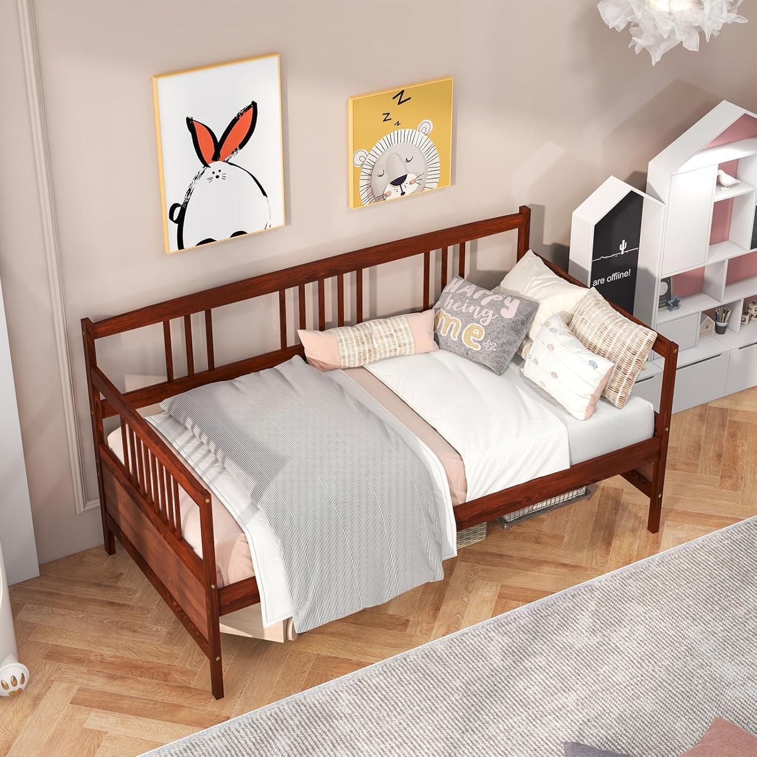 image:imageGiantex Twin Daybed Frame Wooden Sofa Bed Guest Bed with Rails amp Wood Slat Support Dualuse Twin Size Platform Bed Frame for Living Room Bedroom No Box Spring Needed CherryCherry