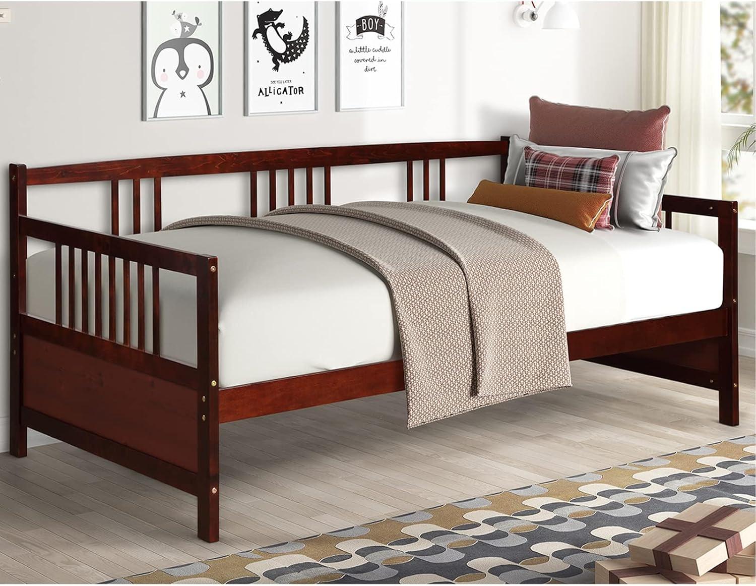 image:imageGiantex Twin Daybed Frame Wooden Sofa Bed Guest Bed with Rails amp Wood Slat Support Dualuse Twin Size Platform Bed Frame for Living Room Bedroom No Box Spring Needed CherryCherry