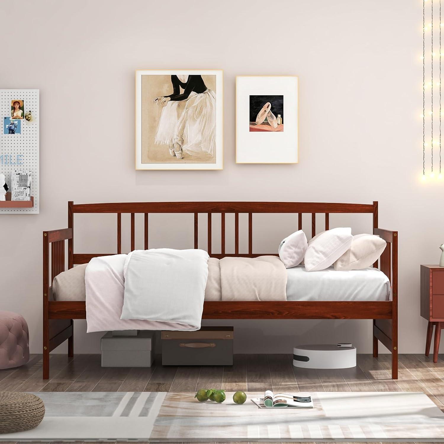 image:imageGiantex Twin Daybed Frame Wooden Sofa Bed Guest Bed with Rails amp Wood Slat Support Dualuse Twin Size Platform Bed Frame for Living Room Bedroom No Box Spring Needed CherryCherry