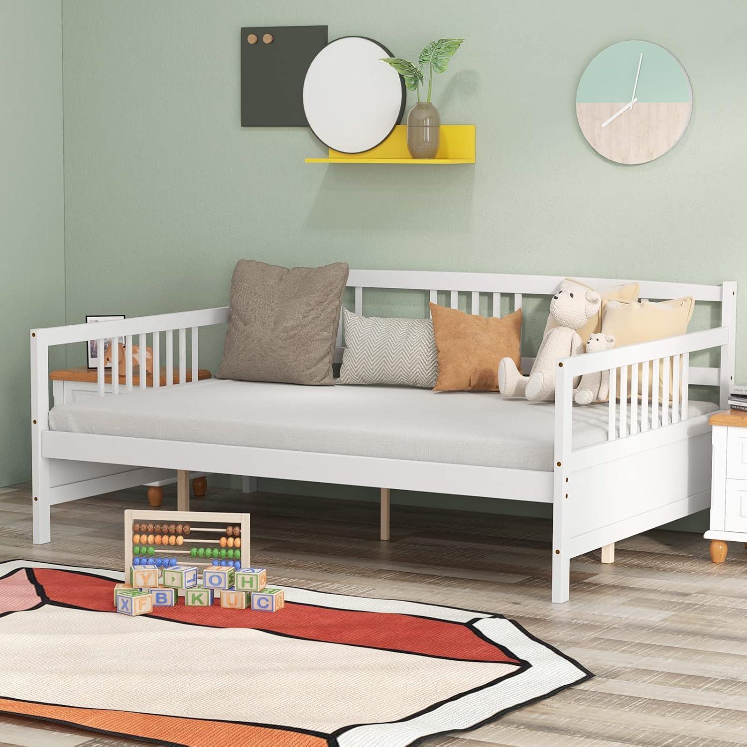 image:imageGiantex Twin Daybed Frame Wooden Sofa Bed Guest Bed with Rails amp Wood Slat Support Dualuse Twin Size Platform Bed Frame for Living Room Bedroom No Box Spring Needed CherryWhite