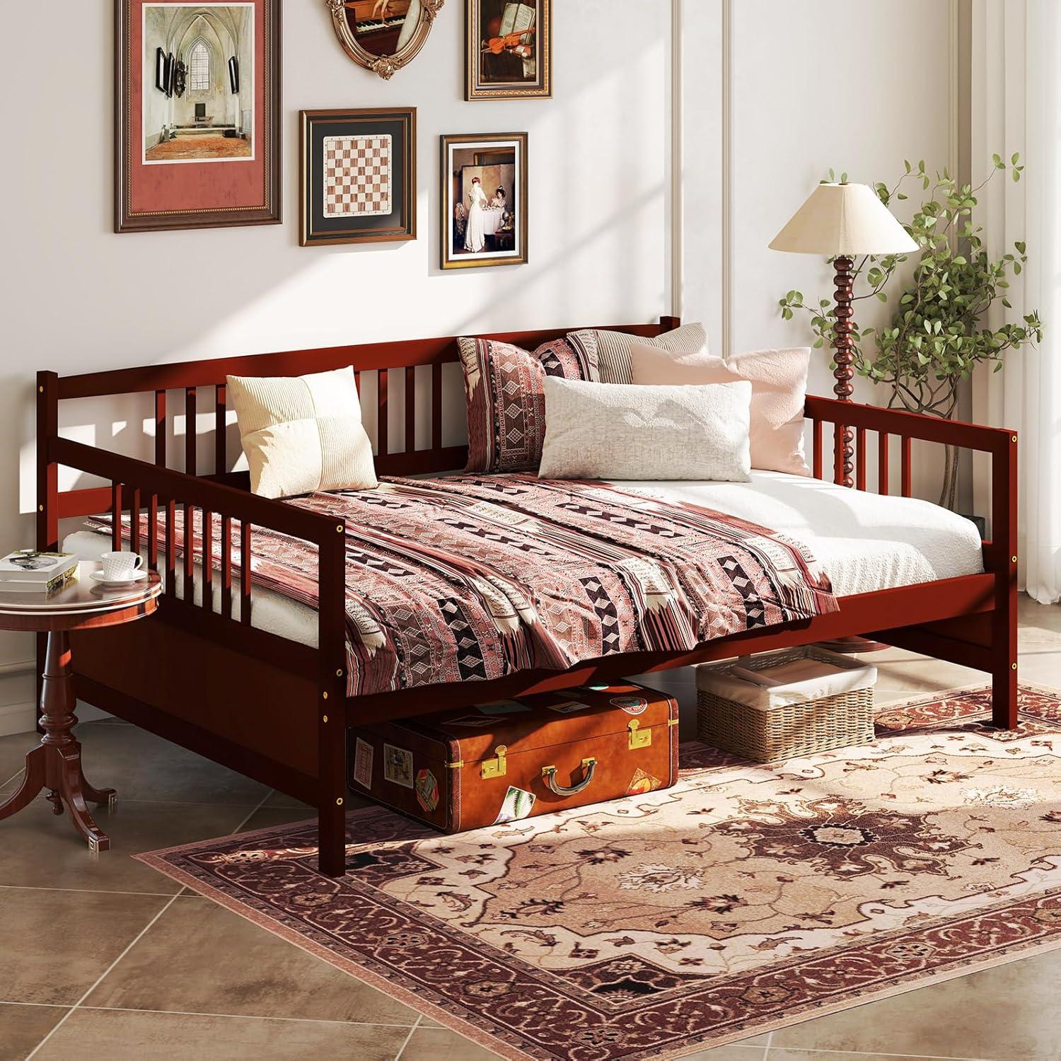 image:imageGiantex Twin Daybed Frame Wooden Sofa Bed Guest Bed with Rails amp Wood Slat Support Dualuse Twin Size Platform Bed Frame for Living Room Bedroom No Box Spring Needed CherryCherry