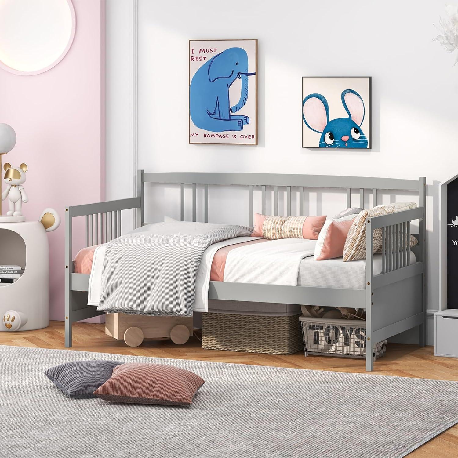 image:imageGiantex Twin Daybed Frame Wooden Sofa Bed Guest Bed with Rails amp Wood Slat Support Dualuse Twin Size Platform Bed Frame for Living Room Bedroom No Box Spring Needed CherryGrey