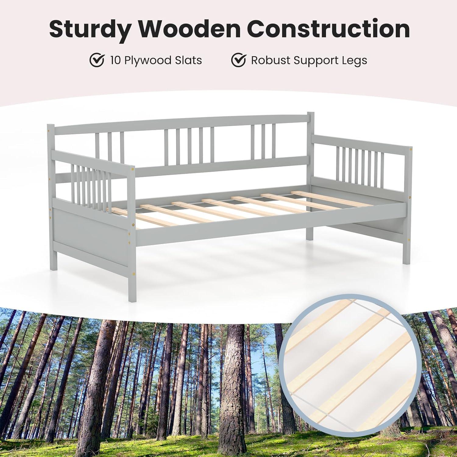 image:imageGiantex Twin Daybed Frame Wooden Sofa Bed Guest Bed with Rails amp Wood Slat Support Dualuse Twin Size Platform Bed Frame for Living Room Bedroom No Box Spring Needed CherryGrey