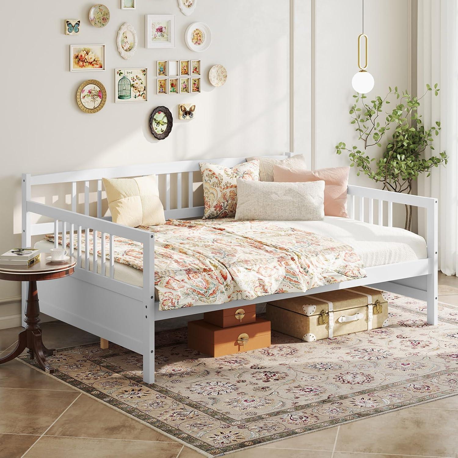 image:imageGiantex Twin Daybed Frame Wooden Sofa Bed Guest Bed with Rails amp Wood Slat Support Dualuse Twin Size Platform Bed Frame for Living Room Bedroom No Box Spring Needed CherryWhite