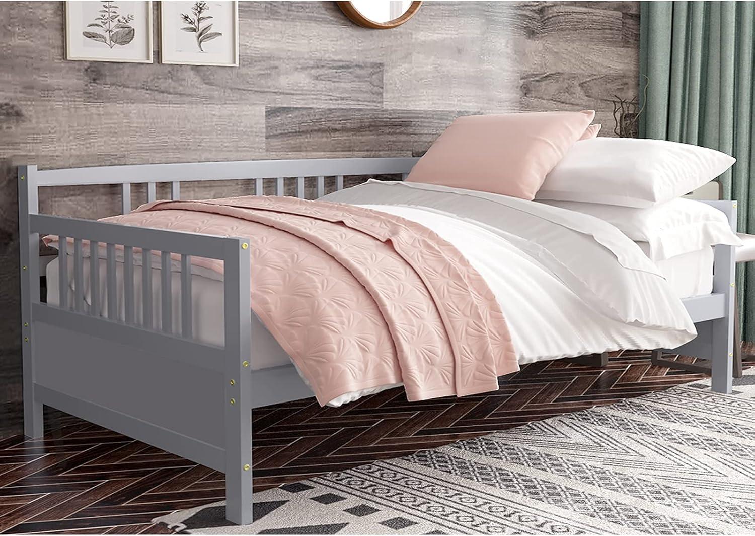 image:imageGiantex Twin Daybed Frame Wooden Sofa Bed Guest Bed with Rails amp Wood Slat Support Dualuse Twin Size Platform Bed Frame for Living Room Bedroom No Box Spring Needed CherryGrey