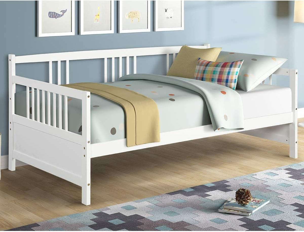 image:imageGiantex Twin Daybed Frame Wooden Sofa Bed Guest Bed with Rails amp Wood Slat Support Dualuse Twin Size Platform Bed Frame for Living Room Bedroom No Box Spring Needed CherryWhite