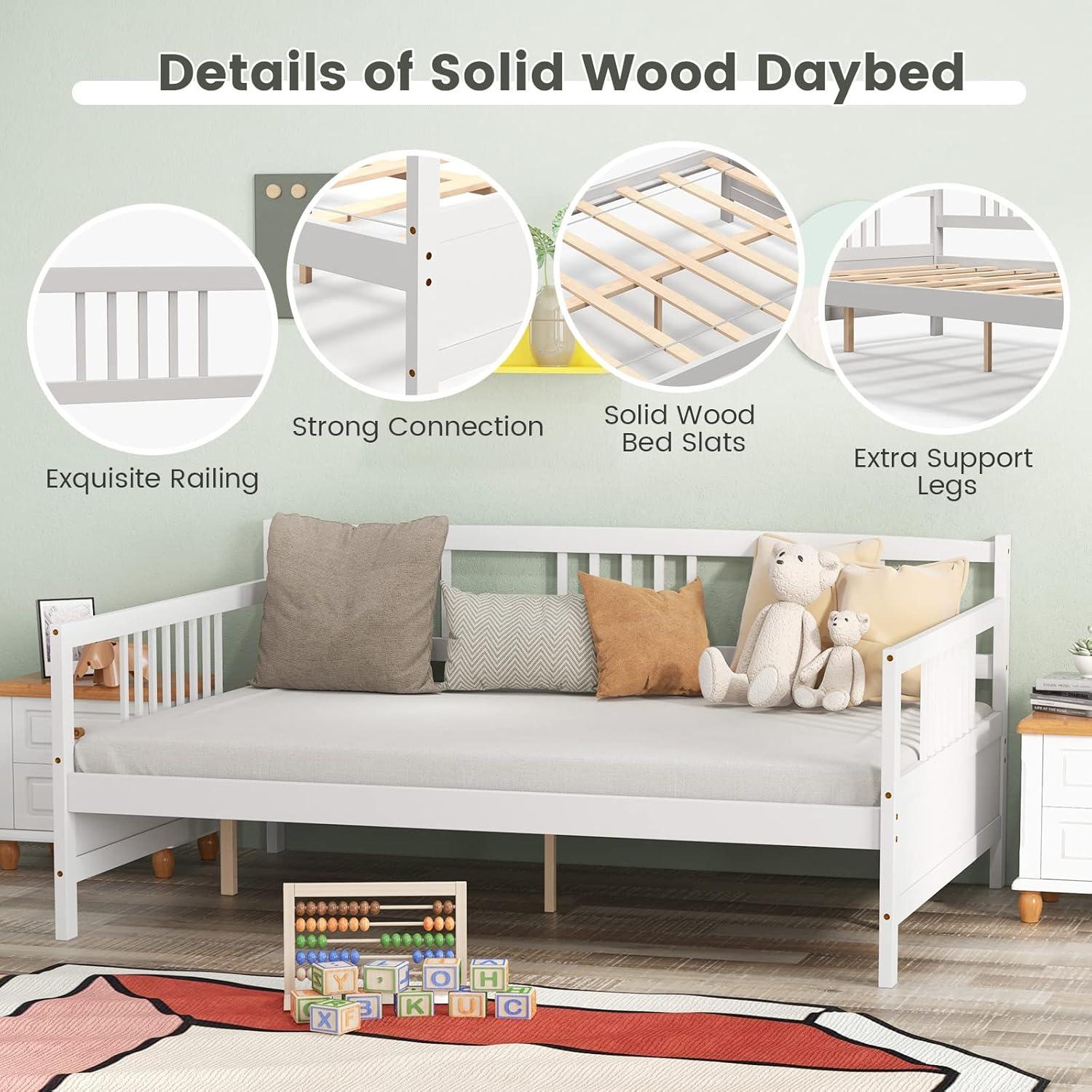 image:imageGiantex Twin Daybed Frame Wooden Sofa Bed Guest Bed with Rails amp Wood Slat Support Dualuse Twin Size Platform Bed Frame for Living Room Bedroom No Box Spring Needed CherryWhite