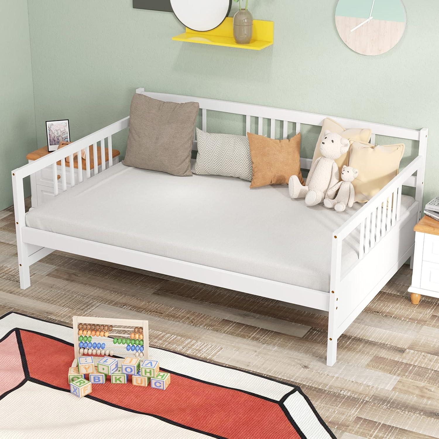image:imageGiantex Twin Daybed Frame Wooden Sofa Bed Guest Bed with Rails amp Wood Slat Support Dualuse Twin Size Platform Bed Frame for Living Room Bedroom No Box Spring Needed CherryWhite
