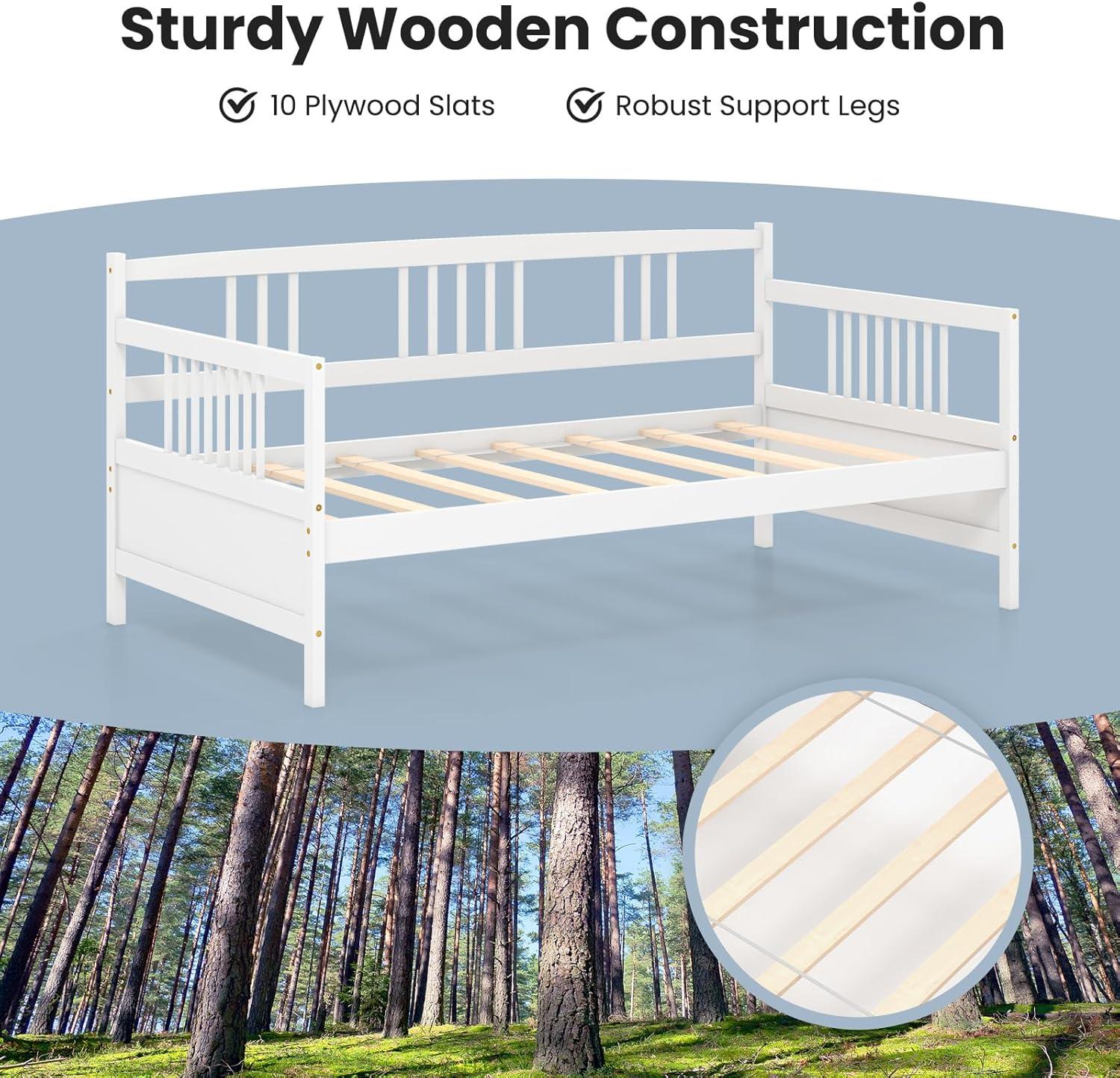 image:imageGiantex Twin Daybed Frame Wooden Sofa Bed Guest Bed with Rails amp Wood Slat Support Dualuse Twin Size Platform Bed Frame for Living Room Bedroom No Box Spring Needed CherryWhite