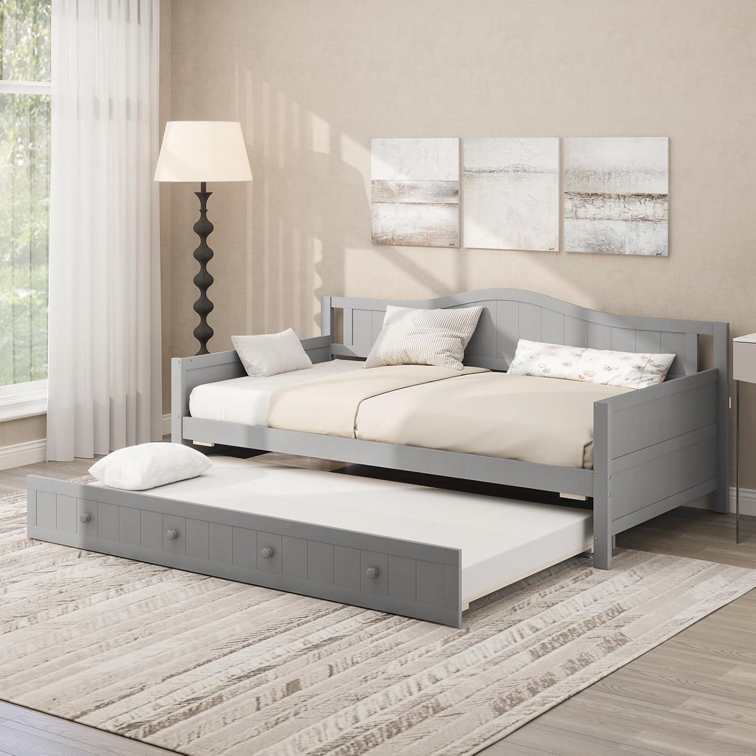 image:imageGiantex Twin Daybed with Trundle Solid Wood Day Bed with Slats Support Integrated Headboard amp Armrests Modern Trundle Bed Twin for Living Room Bedroom Guest Room No Box Spring Needed GreyGrey
