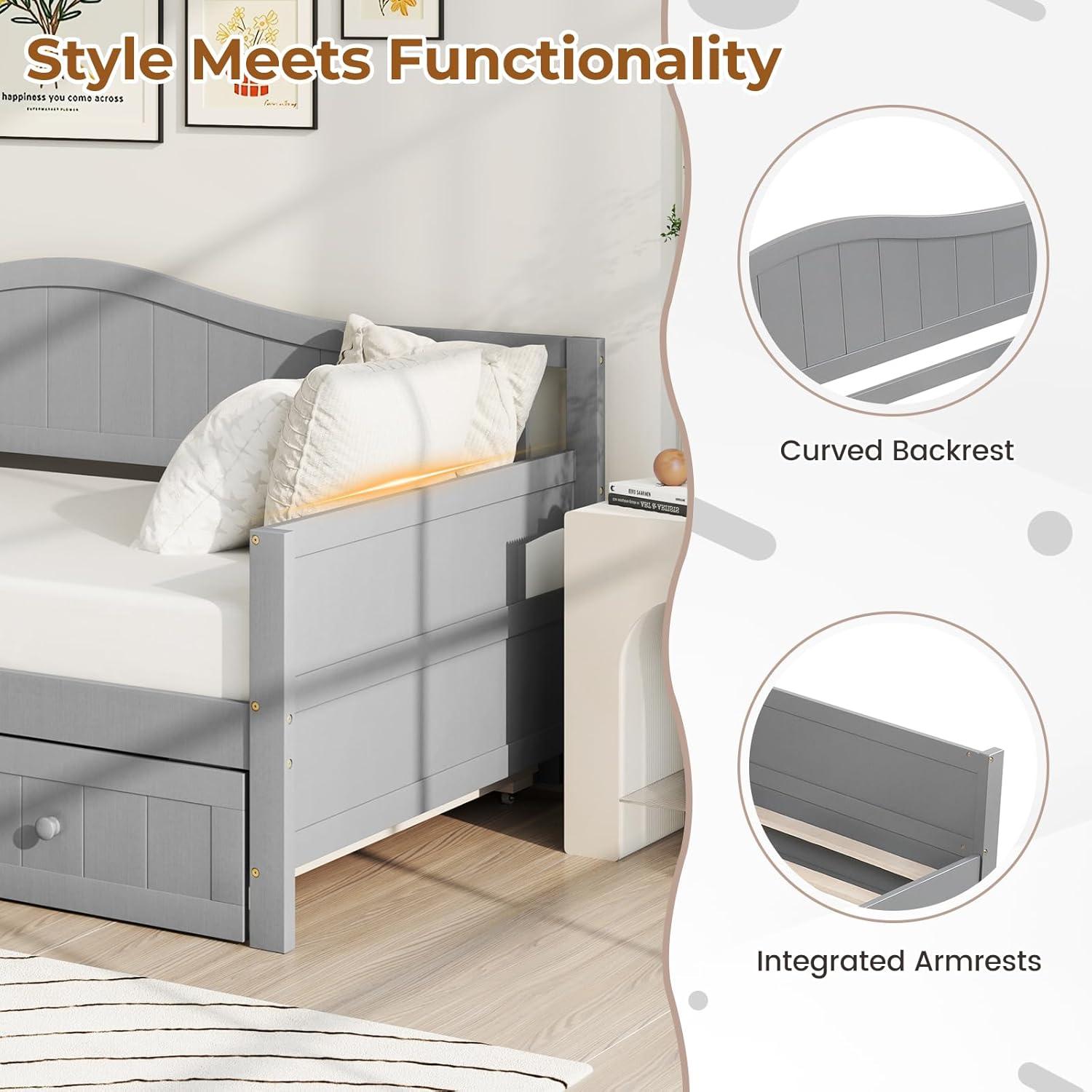 image:imageGiantex Twin Daybed with Trundle Solid Wood Day Bed with Slats Support Integrated Headboard amp Armrests Modern Trundle Bed Twin for Living Room Bedroom Guest Room No Box Spring Needed GreyGrey