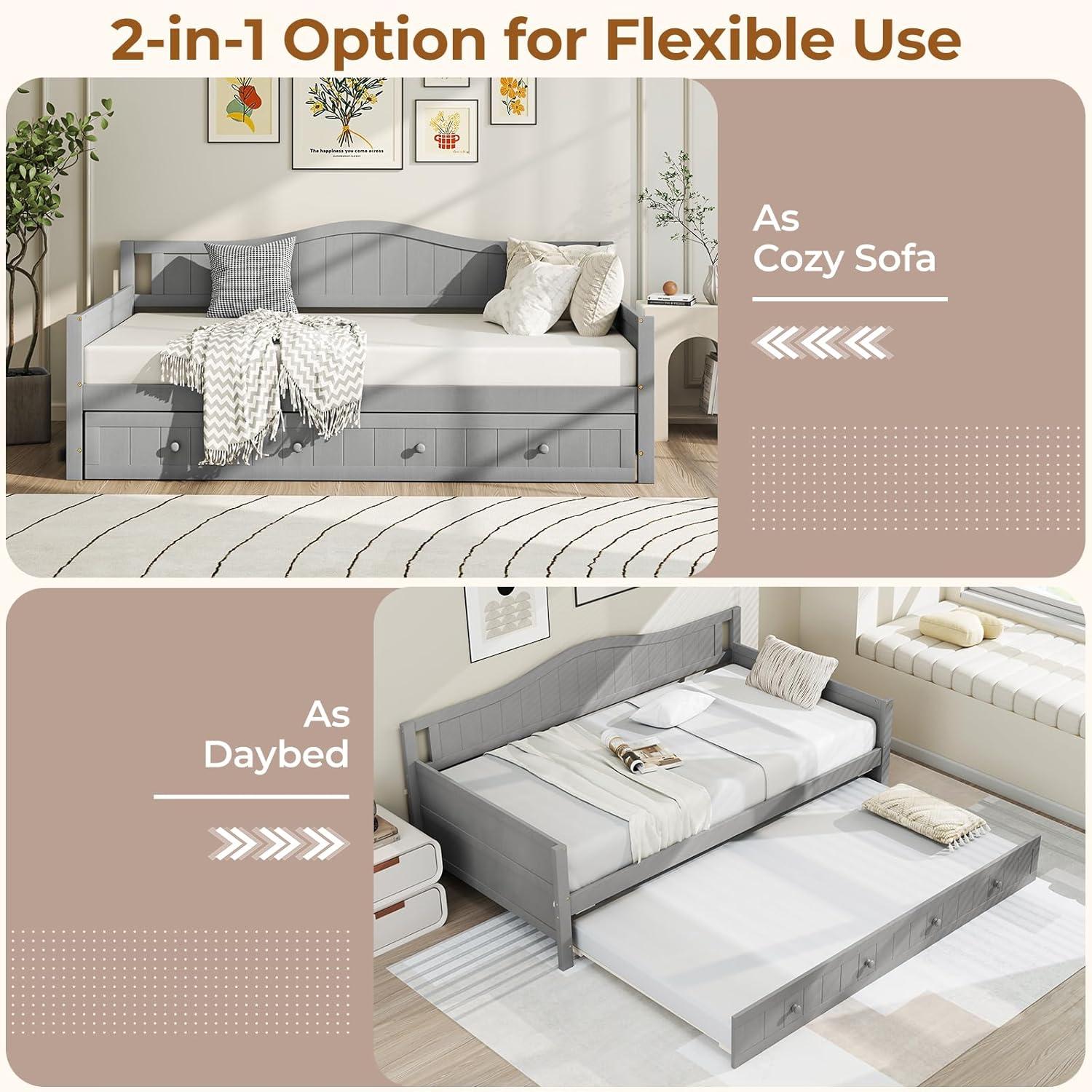 image:imageGiantex Twin Daybed with Trundle Solid Wood Day Bed with Slats Support Integrated Headboard amp Armrests Modern Trundle Bed Twin for Living Room Bedroom Guest Room No Box Spring Needed GreyGrey
