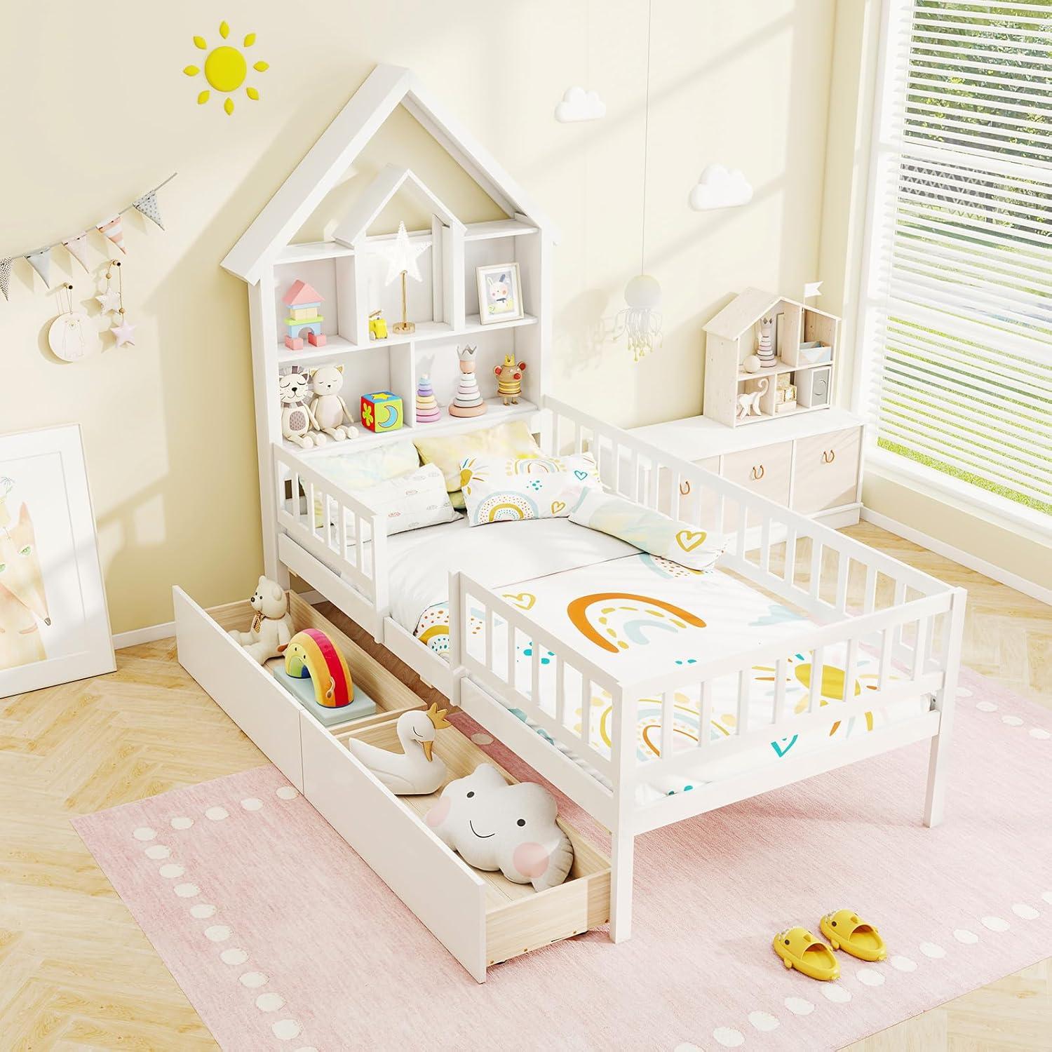 image:imageGiantex Twin House Bed with 2 Storage Drawers Solid Wood Montessori Bed with HouseShaped Headboard No Box Spring Needed Kids Bed with Detachable Rails for Boys Girls White