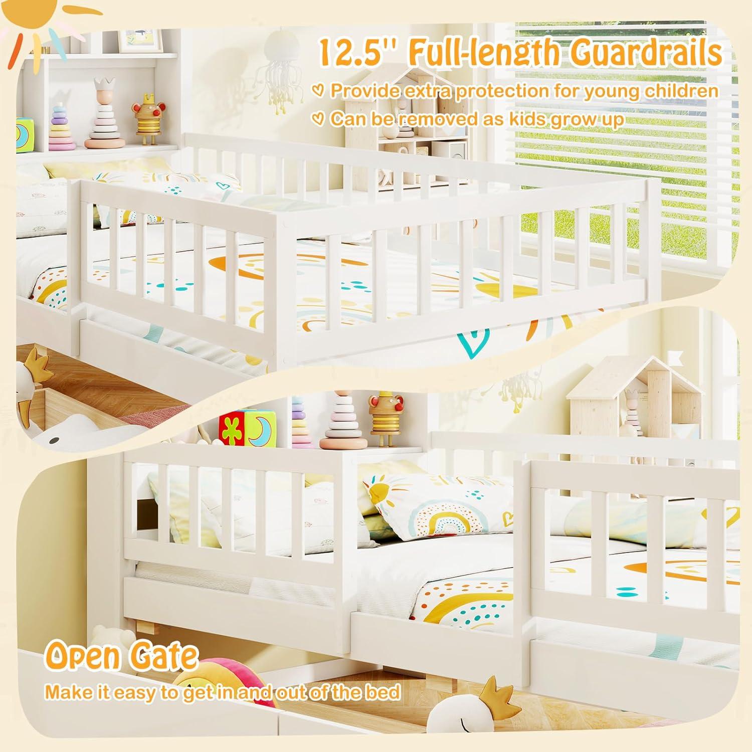 image:imageGiantex Twin House Bed with 2 Storage Drawers Solid Wood Montessori Bed with HouseShaped Headboard No Box Spring Needed Kids Bed with Detachable Rails for Boys Girls White