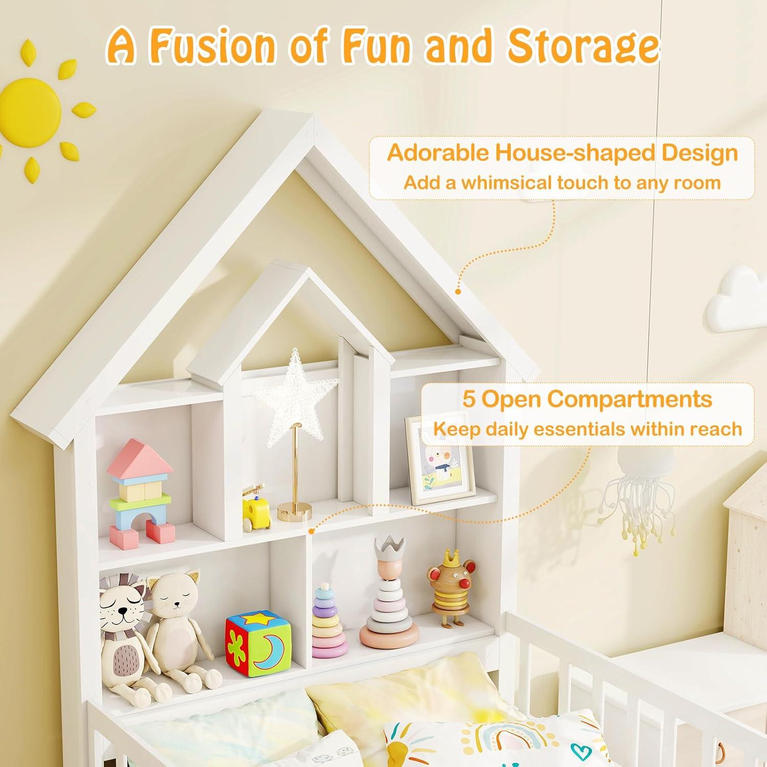 image:imageGiantex Twin House Bed with 2 Storage Drawers Solid Wood Montessori Bed with HouseShaped Headboard No Box Spring Needed Kids Bed with Detachable Rails for Boys Girls White