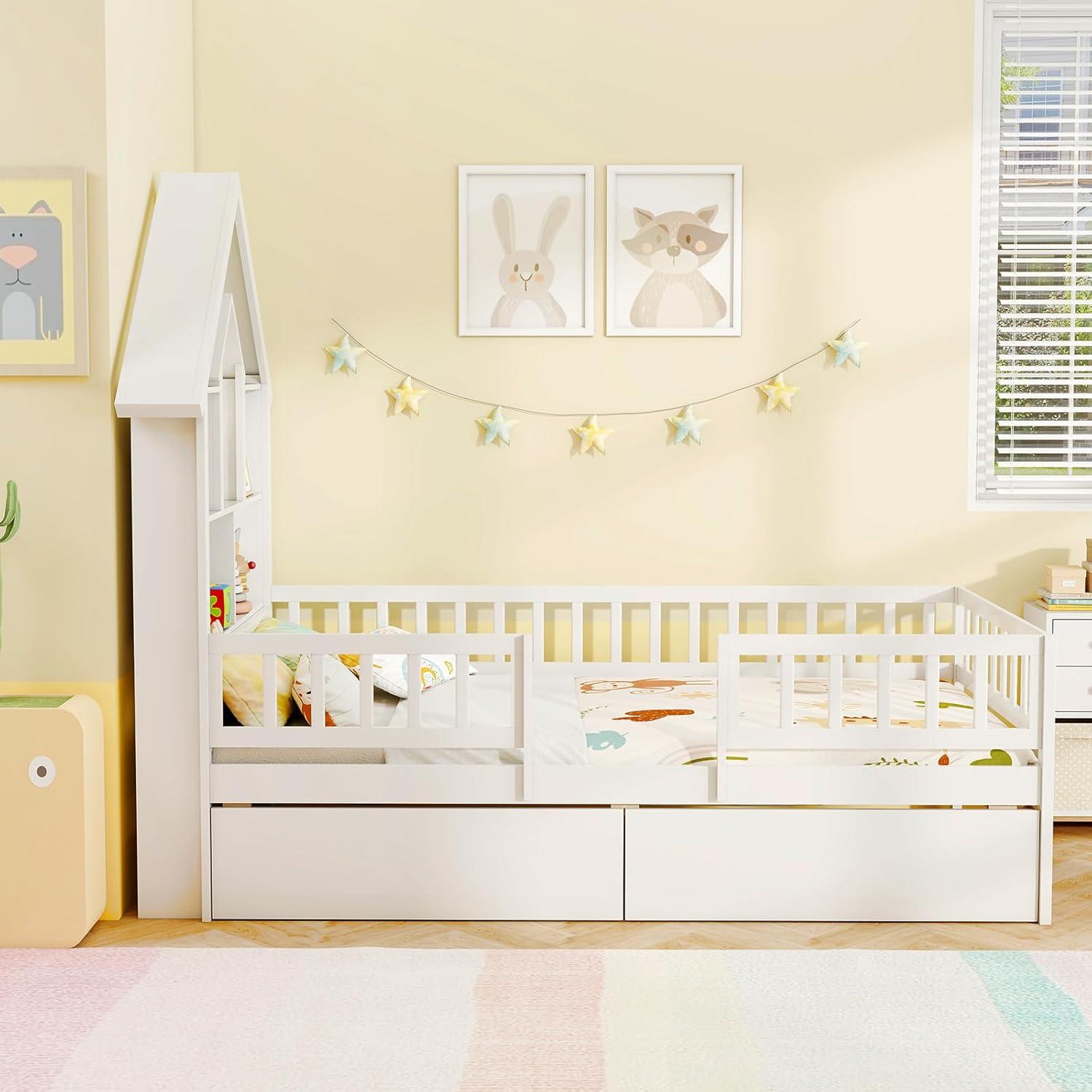 image:imageGiantex Twin House Bed with 2 Storage Drawers Solid Wood Montessori Bed with HouseShaped Headboard No Box Spring Needed Kids Bed with Detachable Rails for Boys Girls White
