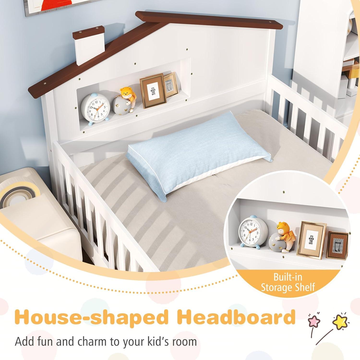 image:imageGiantex Twin Kids Bed Frame Solid Wood Montessori Bed with Guardrails amp HouseShaped Headboard Builtin Storage Shelf No Box Spring Needed for Boys Girls WhiteWhite