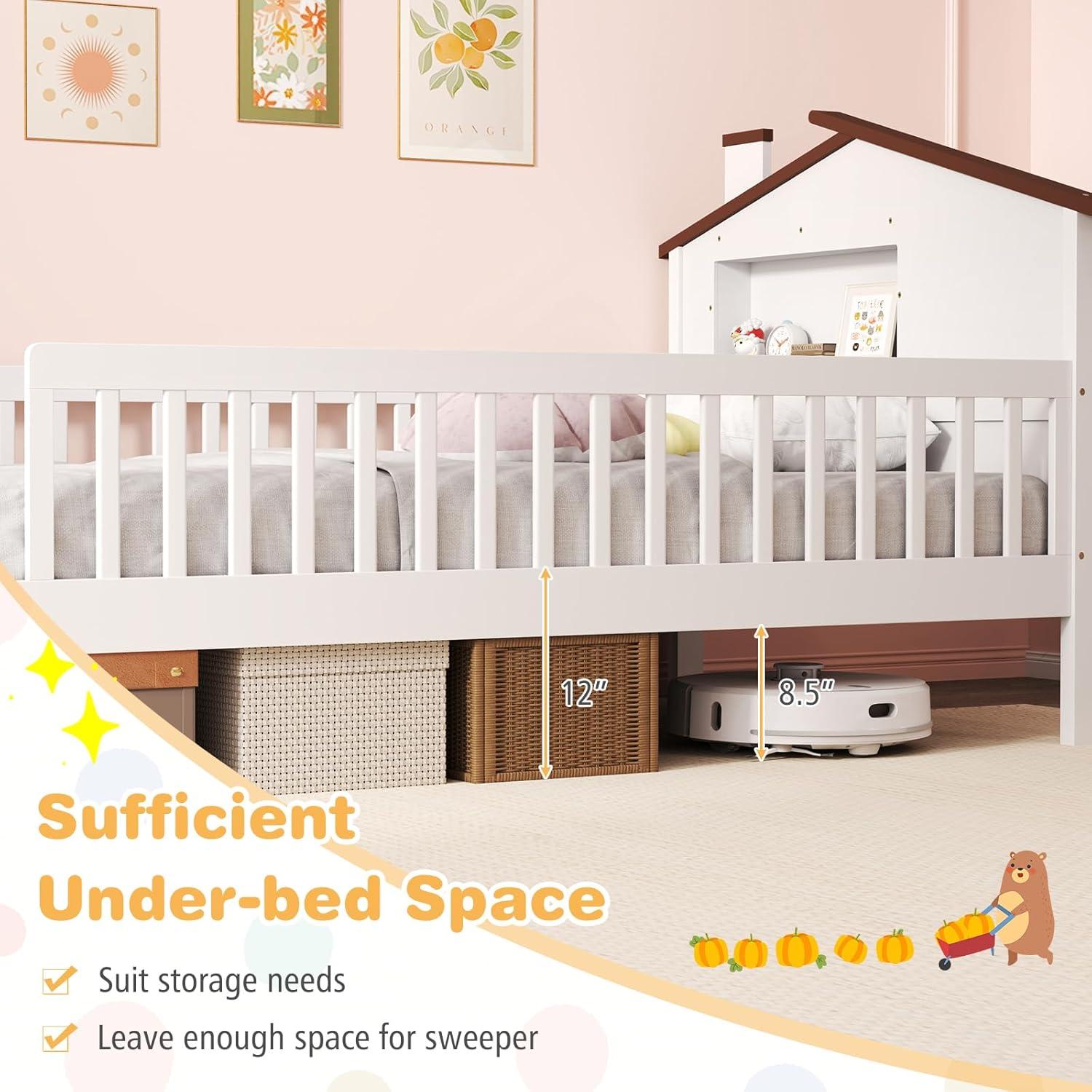 image:imageGiantex Twin Kids Bed Frame Solid Wood Montessori Bed with Guardrails amp HouseShaped Headboard Builtin Storage Shelf No Box Spring Needed for Boys Girls WhiteWhite