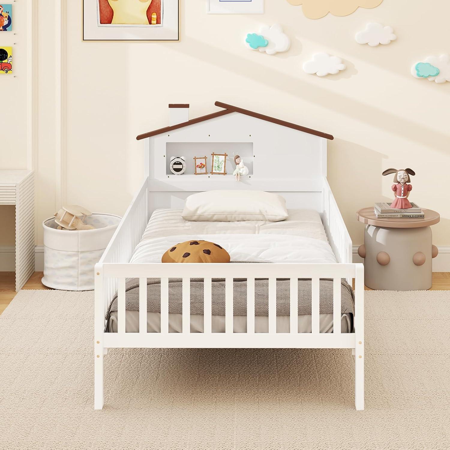 image:imageGiantex Twin Kids Bed Frame Solid Wood Montessori Bed with Guardrails amp HouseShaped Headboard Builtin Storage Shelf No Box Spring Needed for Boys Girls WhiteWhite