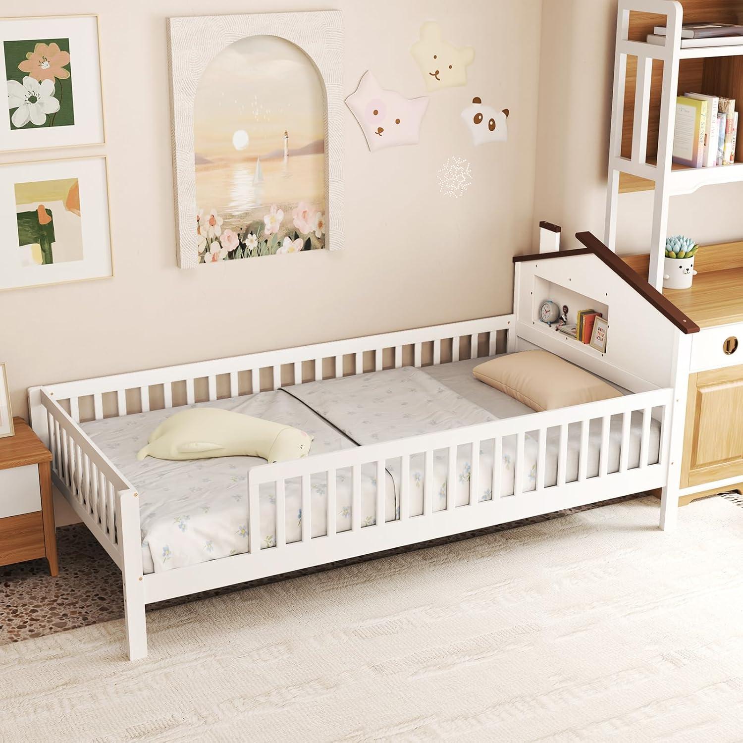 image:imageGiantex Twin Kids Bed Frame Solid Wood Montessori Bed with Guardrails amp HouseShaped Headboard Builtin Storage Shelf No Box Spring Needed for Boys Girls WhiteWhite