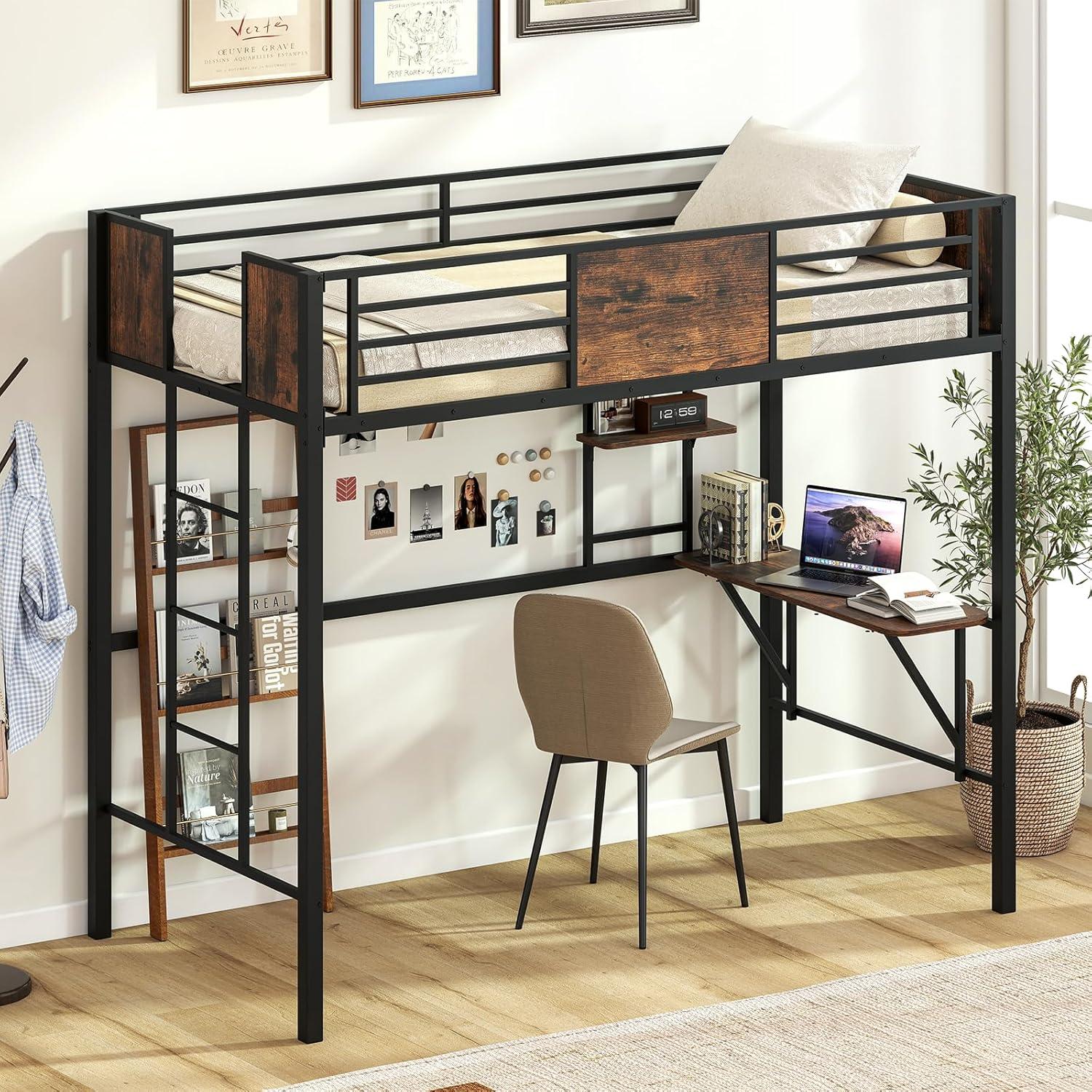 image:imageGiantex Twin Loft Bed with Desk HeavyDuty Metal Bed Frame wSafety Guardrail Ladder amp Storage Shelf 485 LBS Load SpaceSaving Lofted Twin Bed with Stairs for Teens Adults No Box Spring Needed